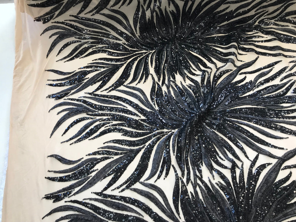 Phoenix Feather Sequins - Black-  4 Way Stretch Phoenix Pattern Top Fashion Design Fabric
