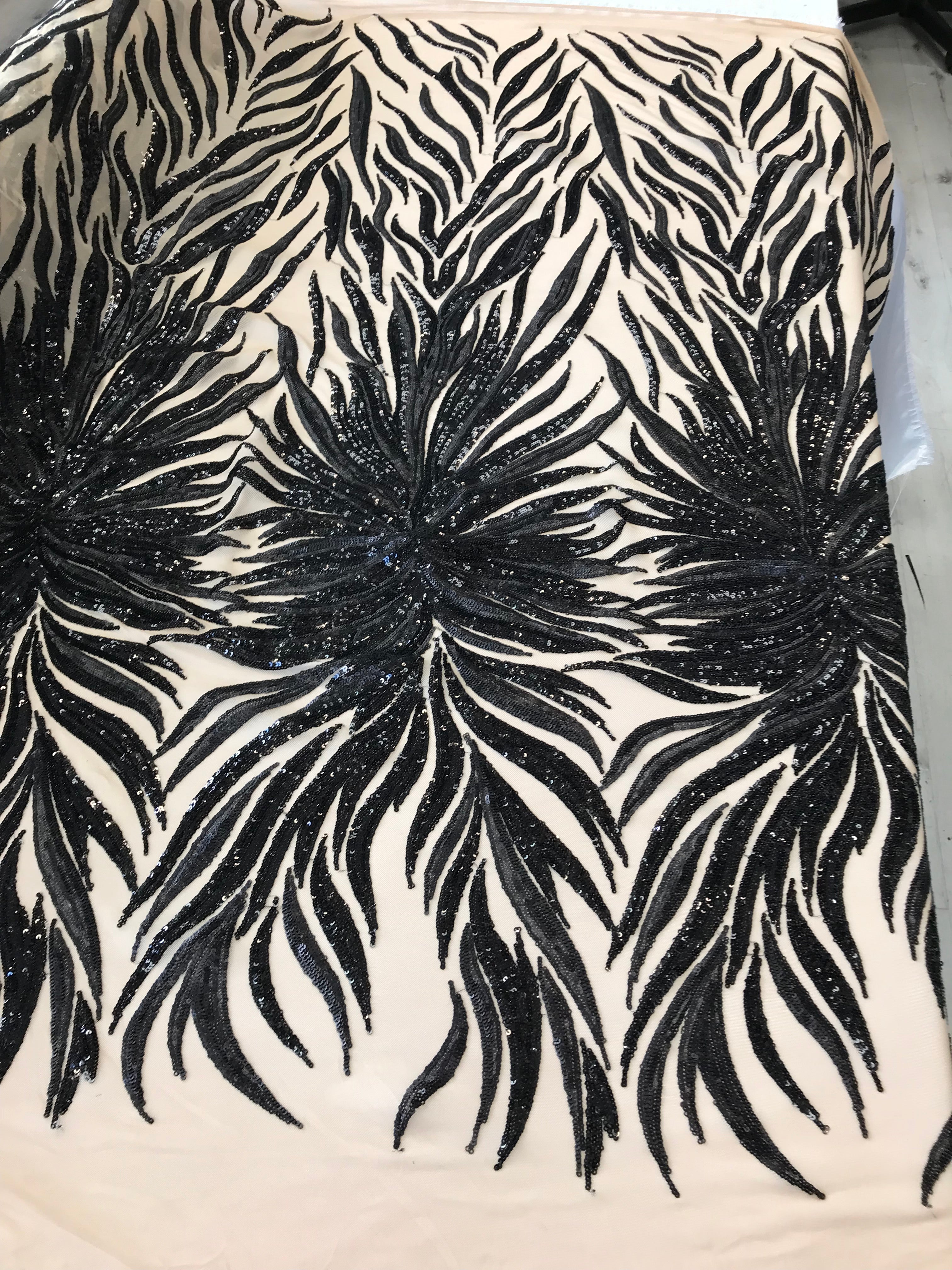 Phoenix Feather Sequins - Black-  4 Way Stretch Phoenix Pattern Top Fashion Design Fabric