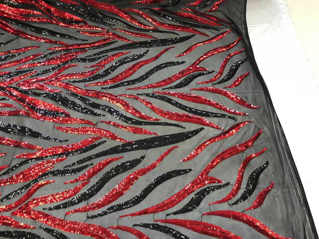 Phoenix Feather Sequins - Red/ Black -  4 Way Stretch Phoenix Pattern Top Fashion Design Fabric