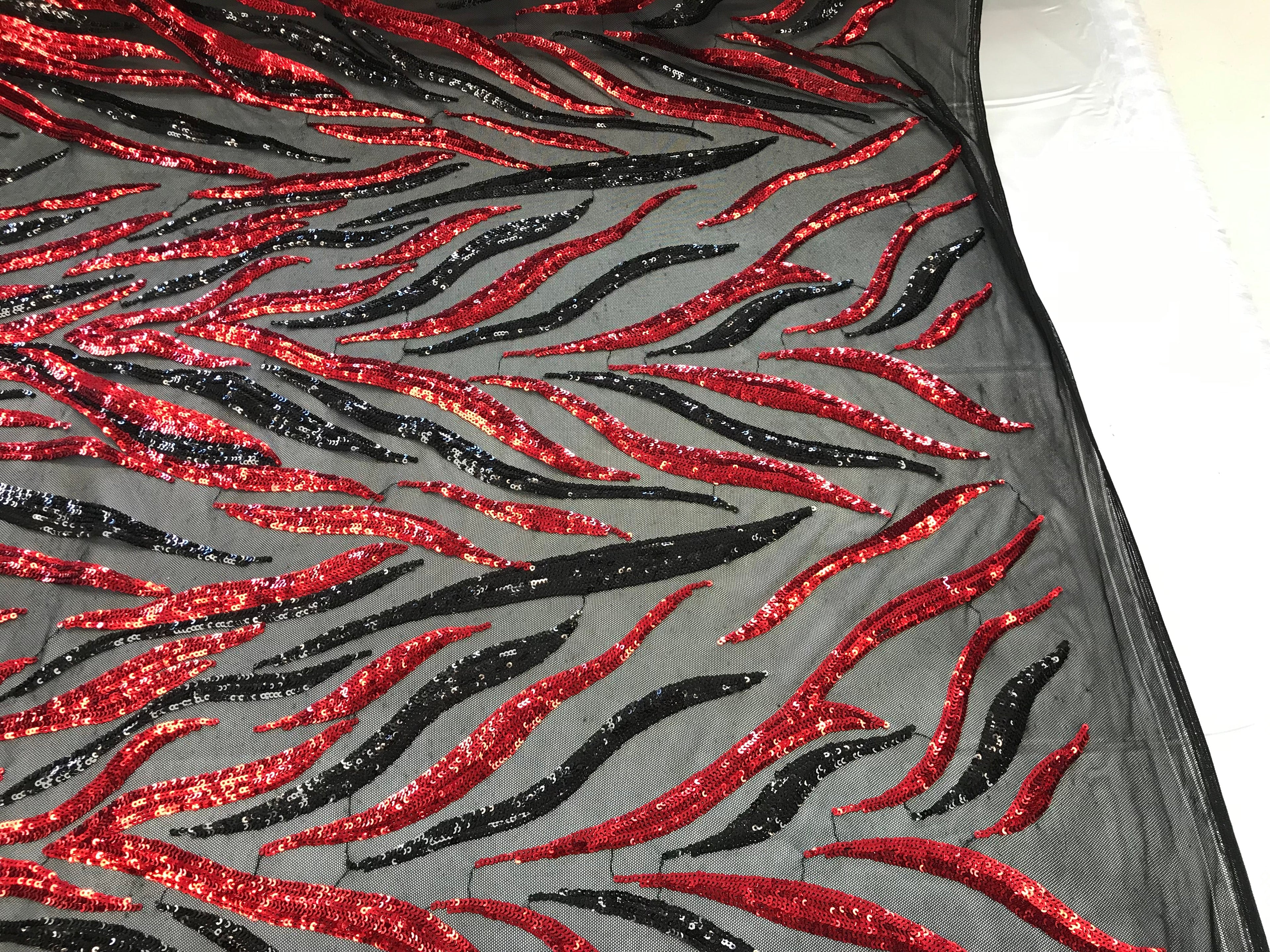 Phoenix Feather Sequins - Red/ Black -  4 Way Stretch Phoenix Pattern Top Fashion Design Fabric