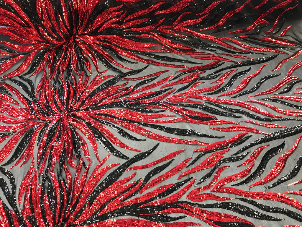 Phoenix Feather Sequins - Red/ Black -  4 Way Stretch Phoenix Pattern Top Fashion Design Fabric