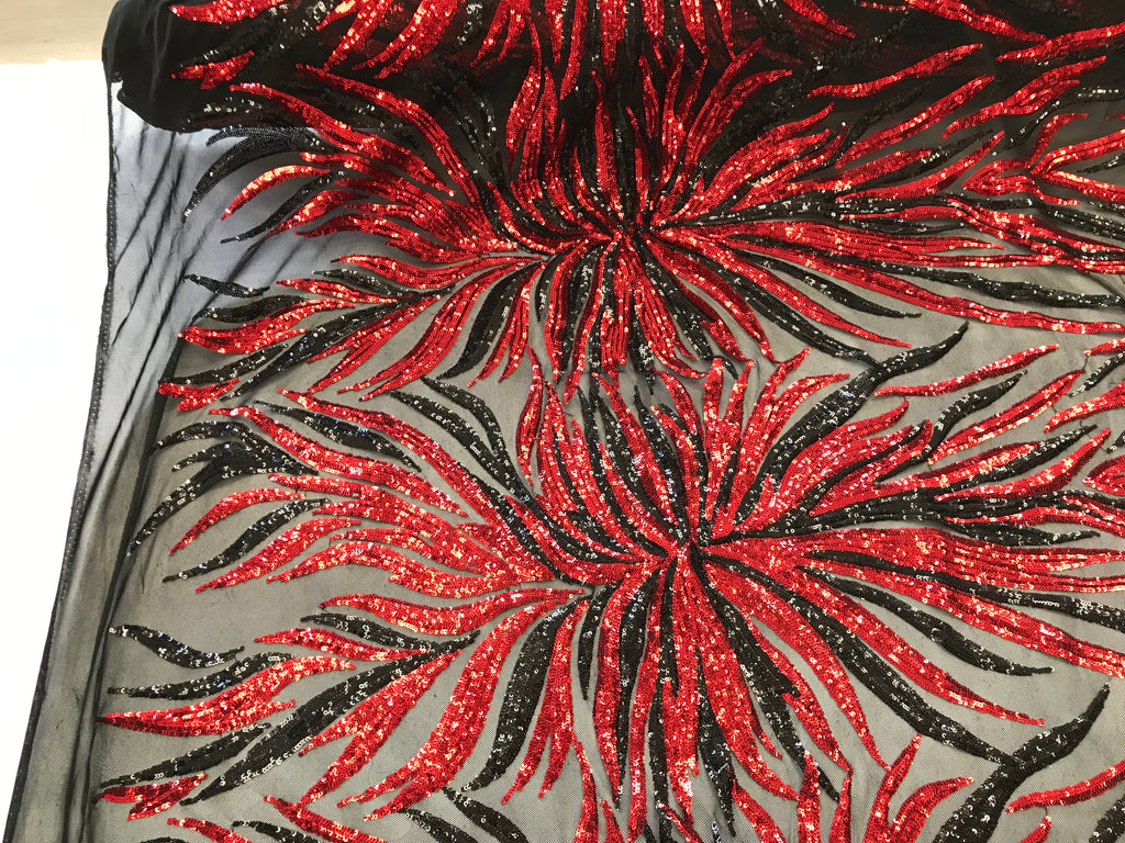 Phoenix Feather Sequins - Red/ Black -  4 Way Stretch Phoenix Pattern Top Fashion Design Fabric