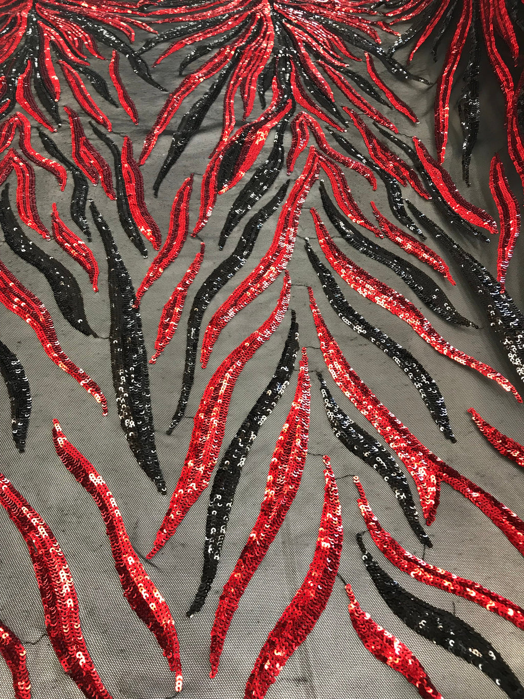 Phoenix Feather Sequins - Red/ Black -  4 Way Stretch Phoenix Pattern Top Fashion Design Fabric