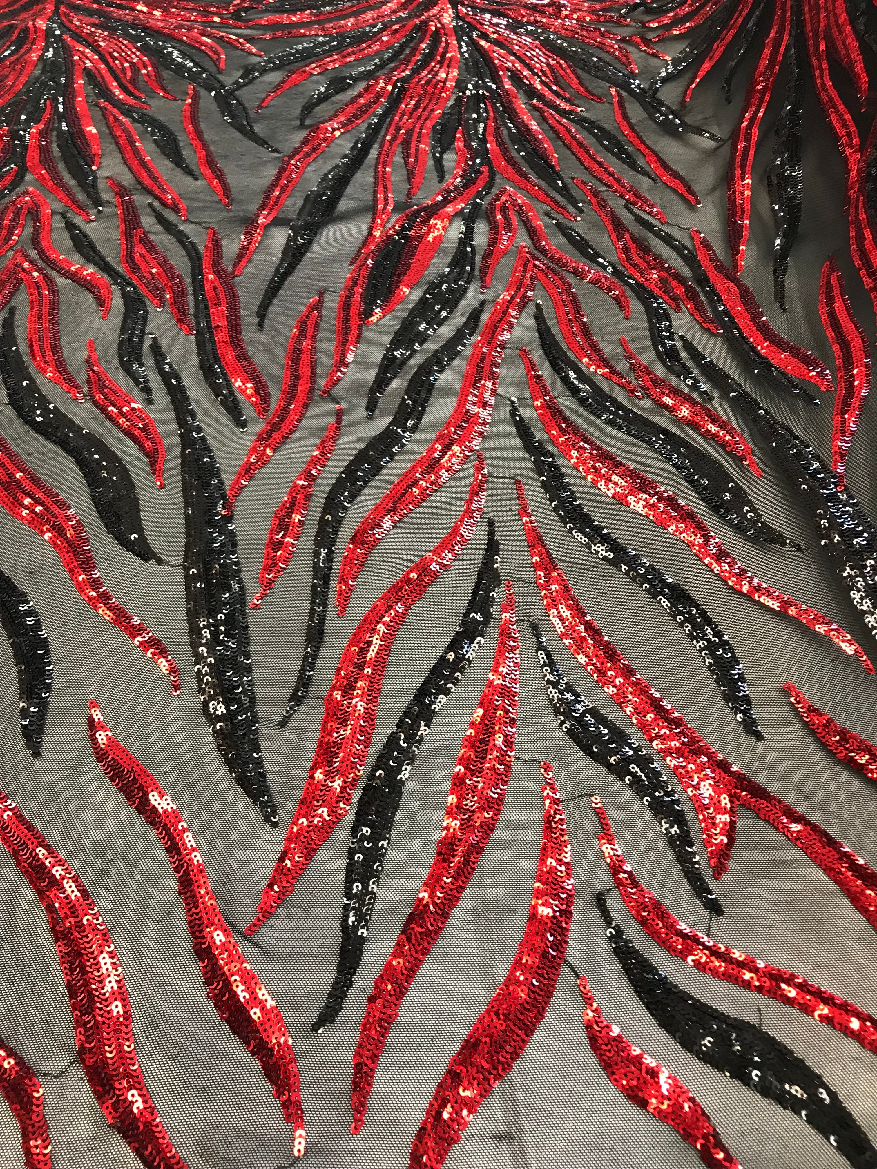 Phoenix Feather Sequins - Red/ Black -  4 Way Stretch Phoenix Pattern Top Fashion Design Fabric
