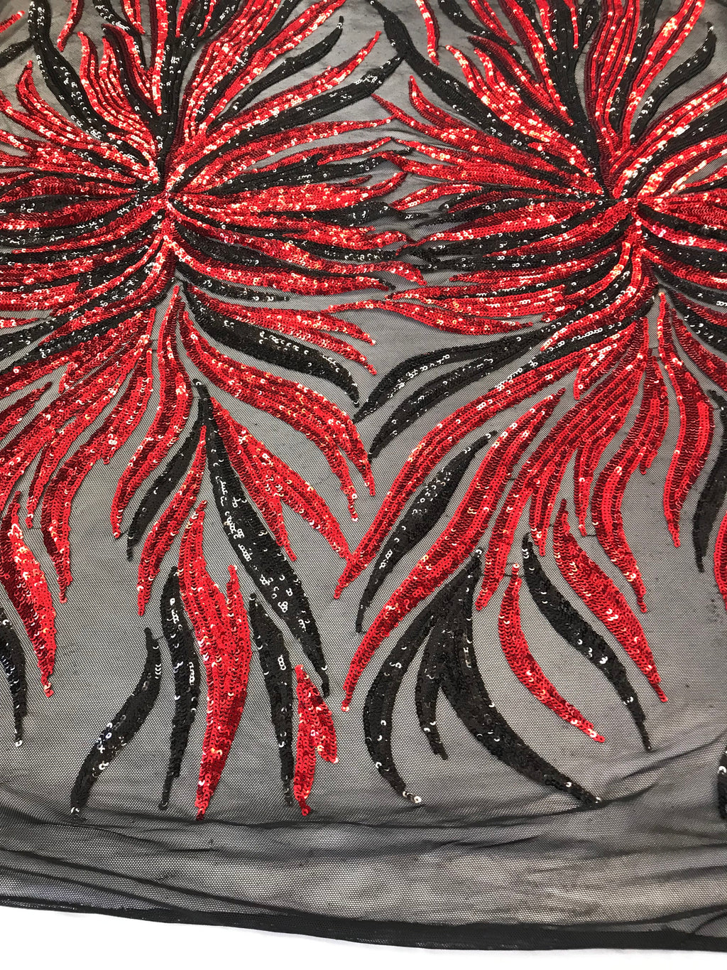 Phoenix Feather Sequins - Red/ Black -  4 Way Stretch Phoenix Pattern Top Fashion Design Fabric