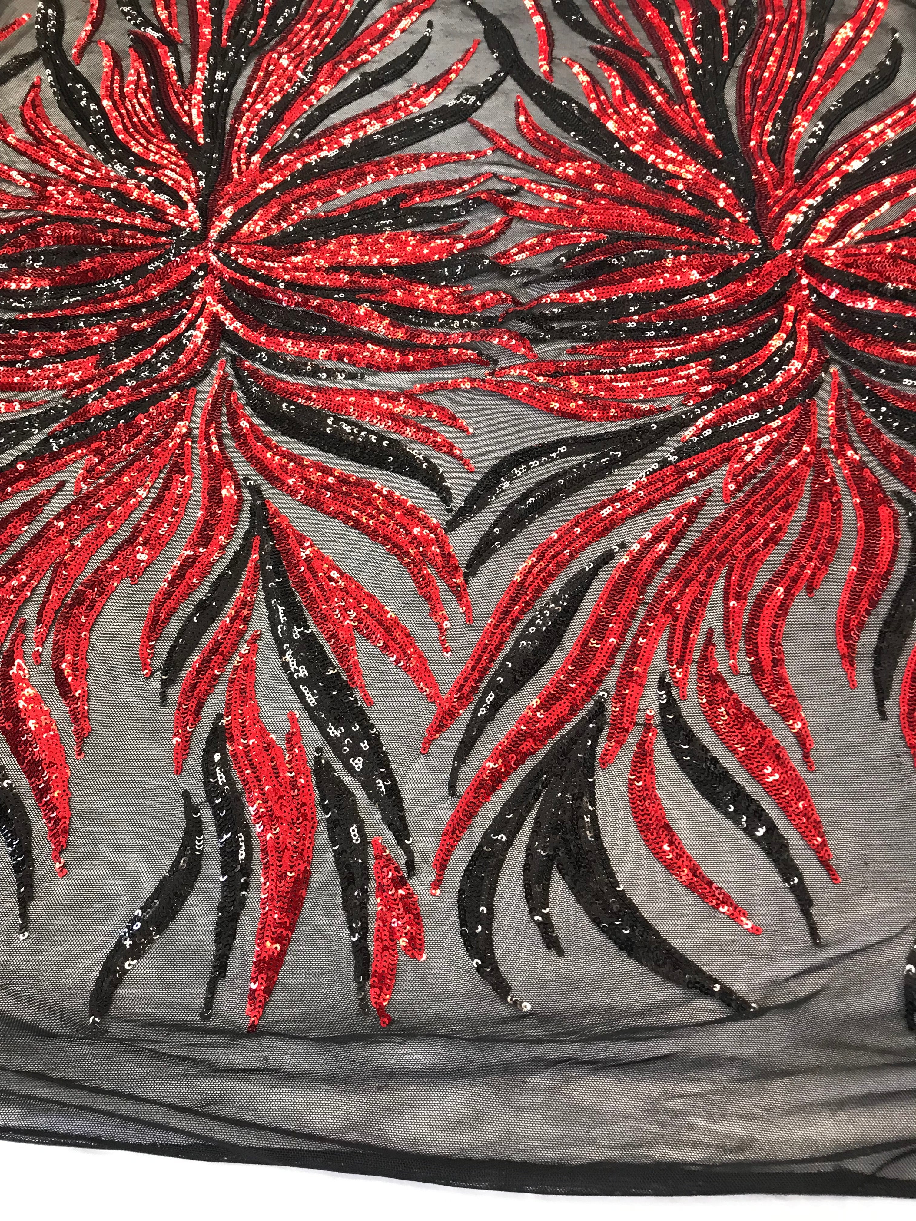 Phoenix Feather Sequins - Red/ Black -  4 Way Stretch Phoenix Pattern Top Fashion Design Fabric