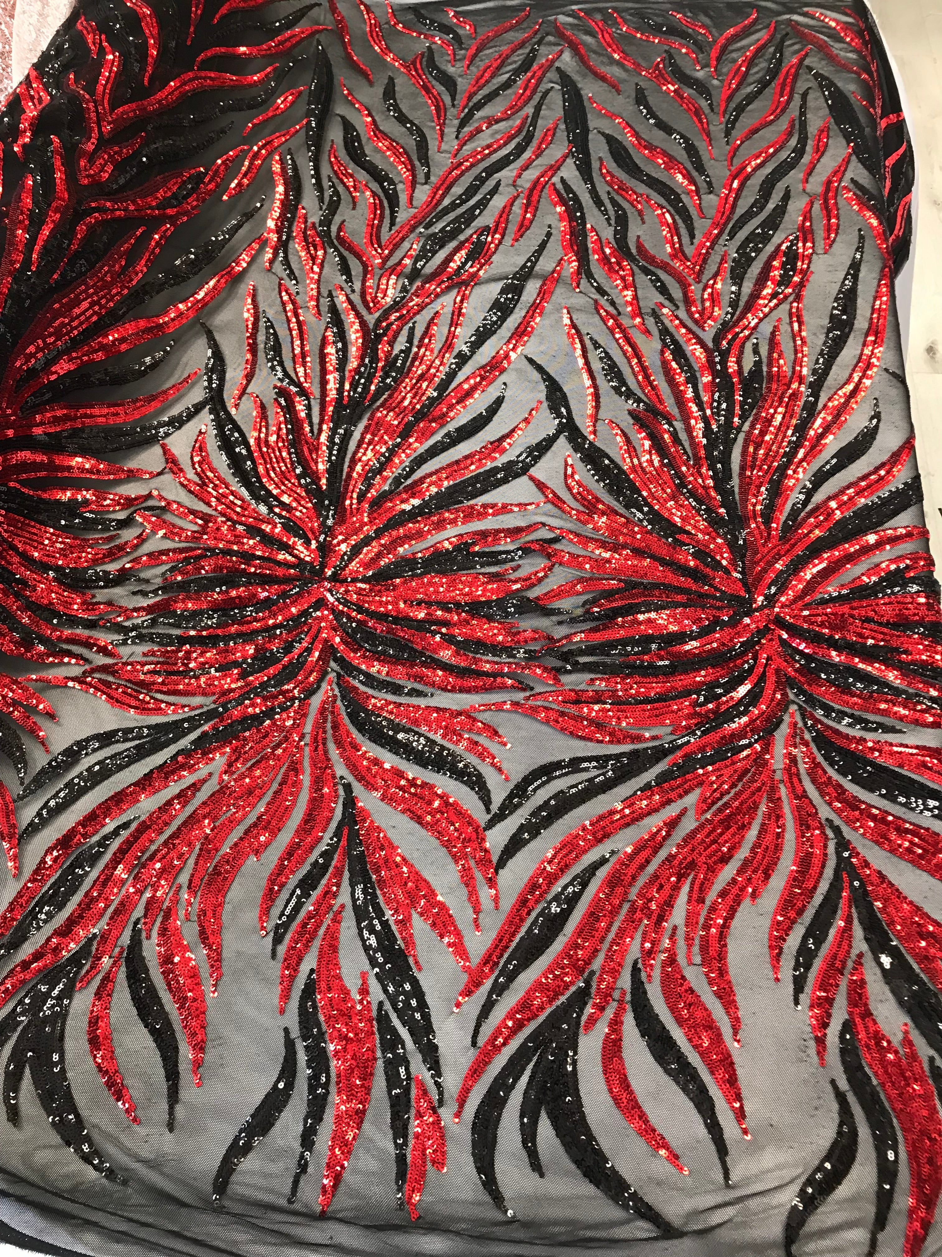 Phoenix Feather Sequins - Red/ Black -  4 Way Stretch Phoenix Pattern Top Fashion Design Fabric