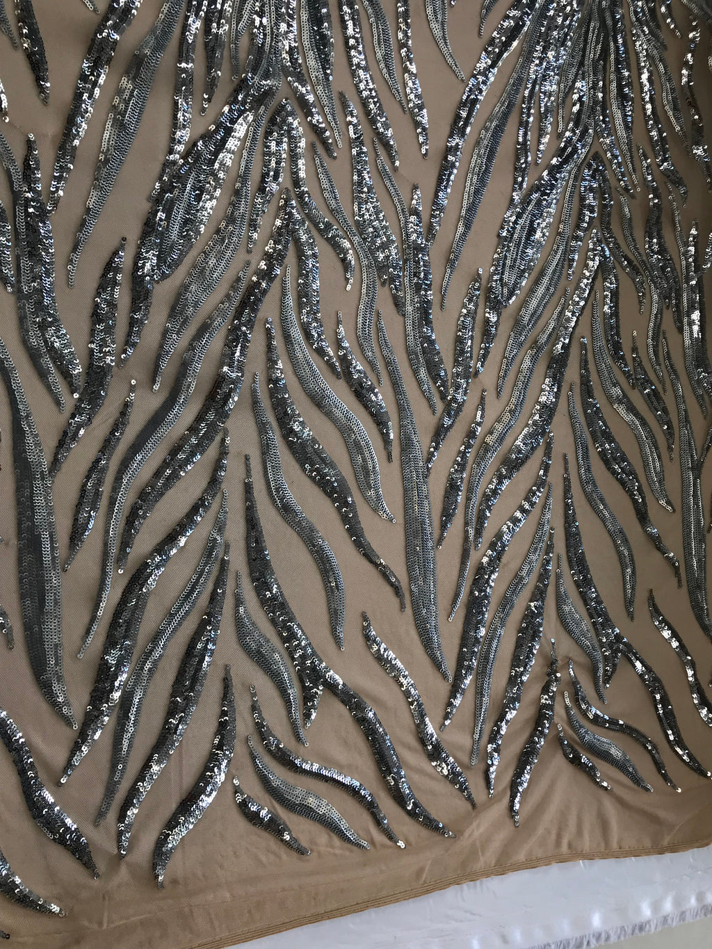 Phoenix Feather Sequins - Silver -  4 Way Stretch Phoenix Pattern Top Fashion Design Fabric