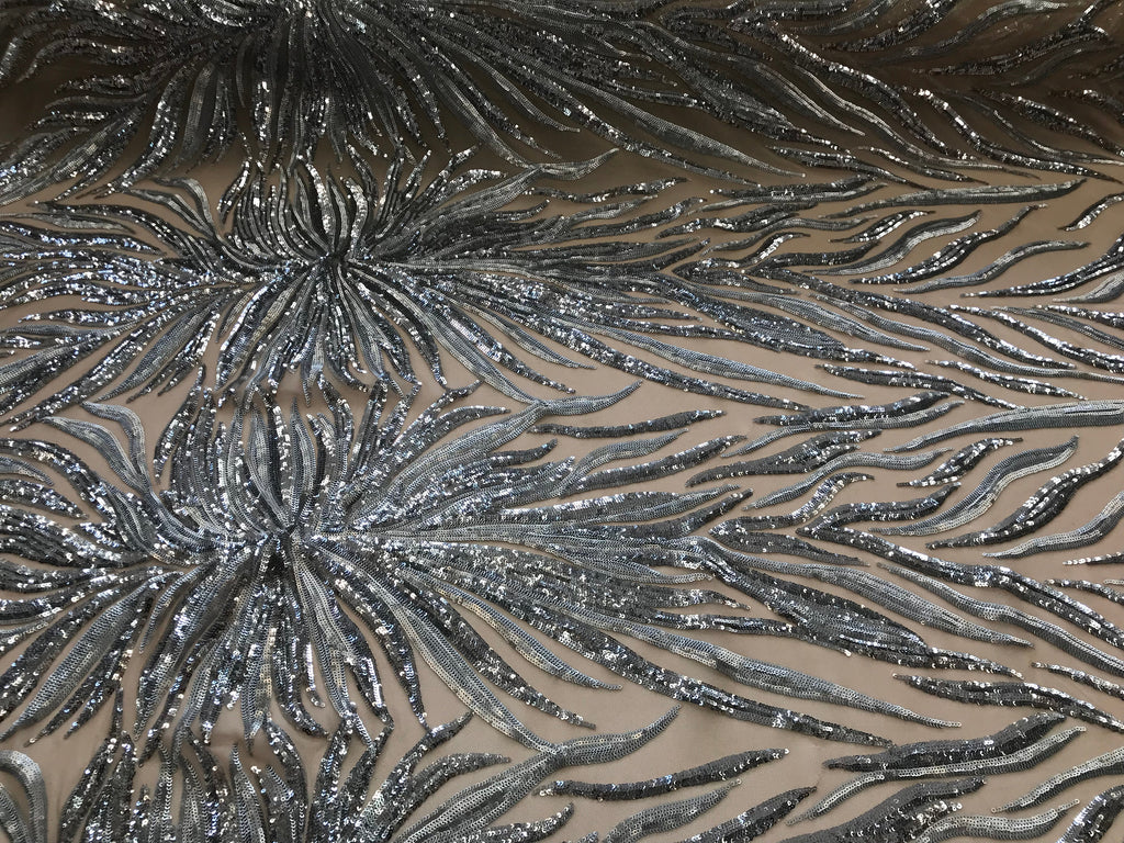 Phoenix Feather Sequins - Silver -  4 Way Stretch Phoenix Pattern Top Fashion Design Fabric