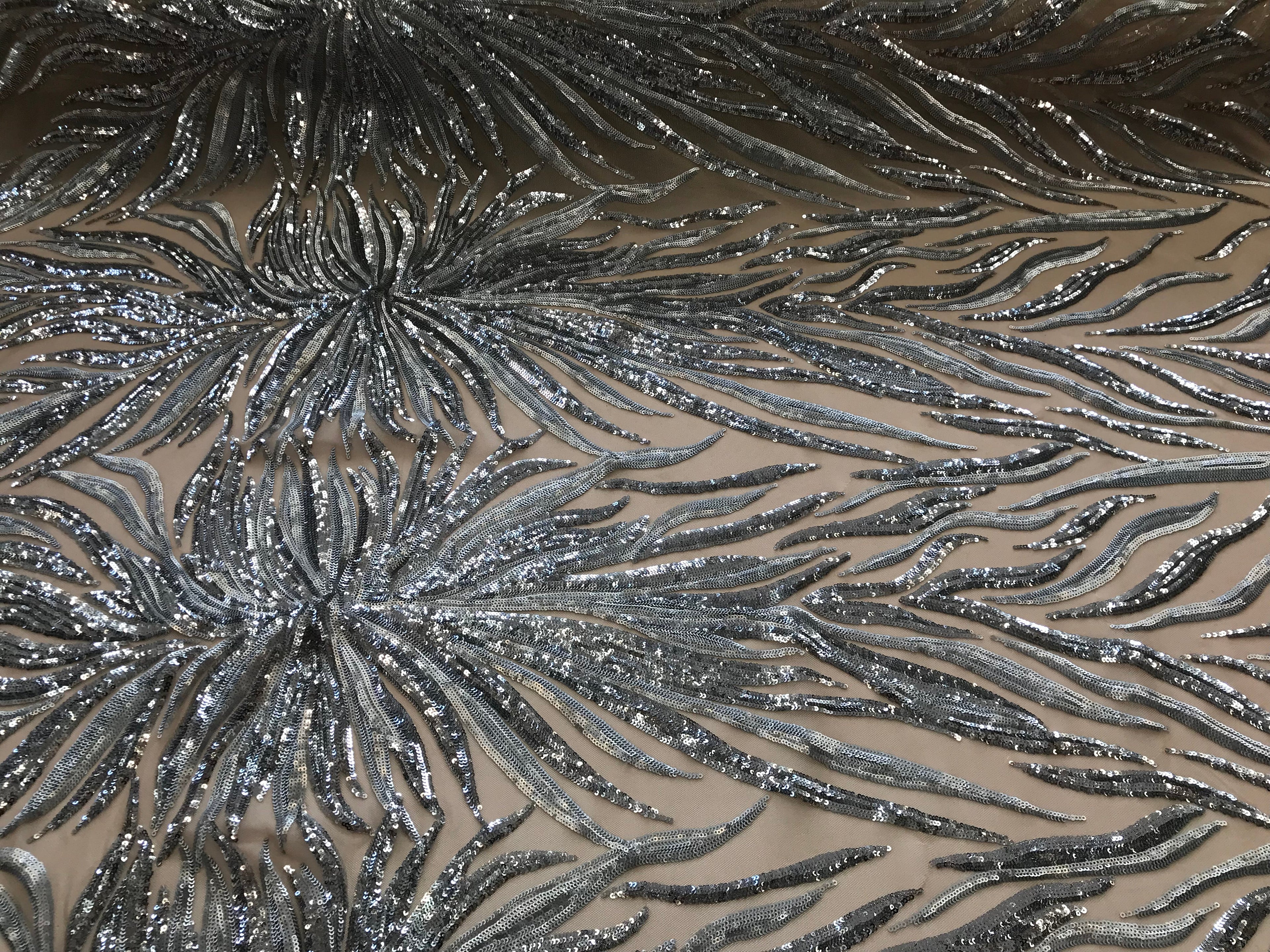Phoenix Feather Sequins - Silver -  4 Way Stretch Phoenix Pattern Top Fashion Design Fabric