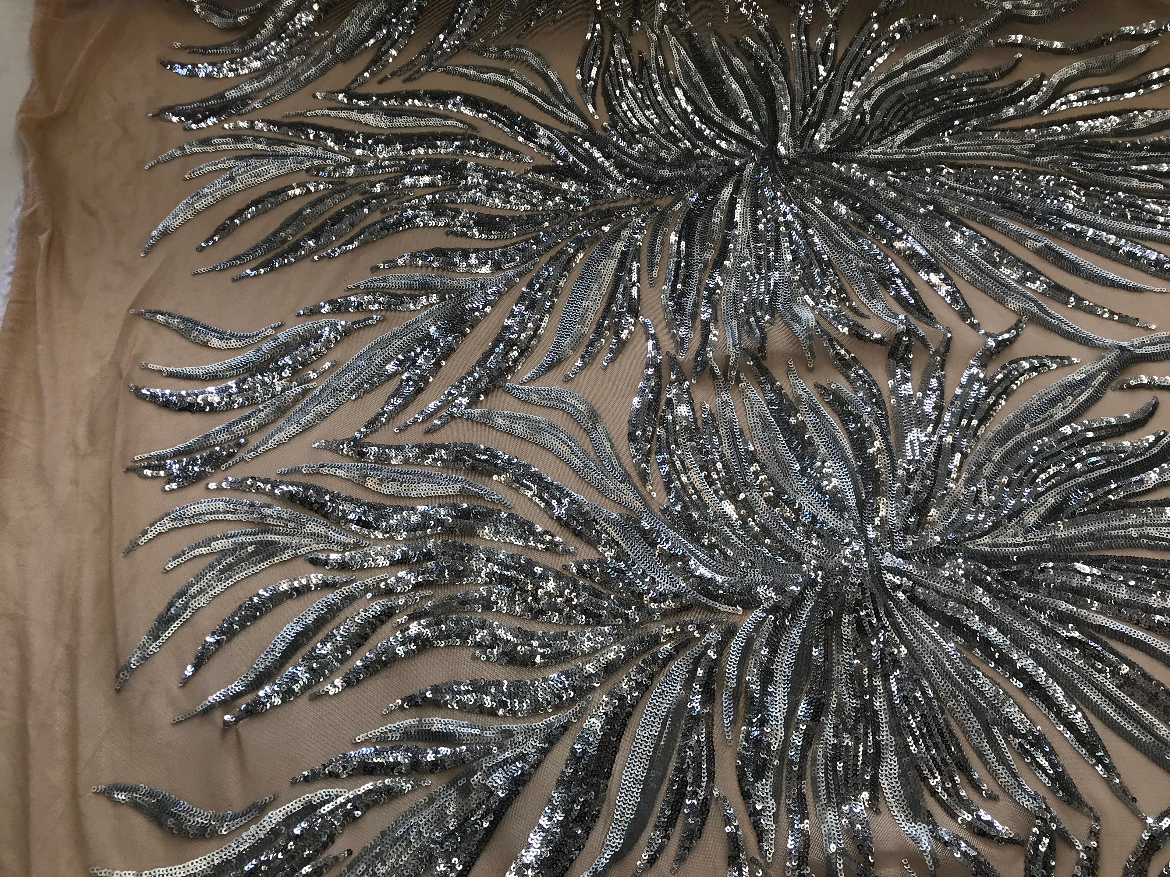 Phoenix Feather Sequins - Silver -  4 Way Stretch Phoenix Pattern Top Fashion Design Fabric