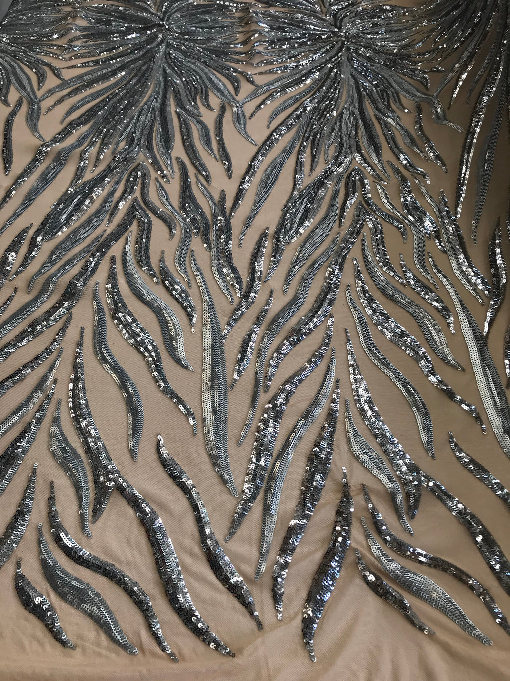 Phoenix Feather Sequins - Silver -  4 Way Stretch Phoenix Pattern Top Fashion Design Fabric