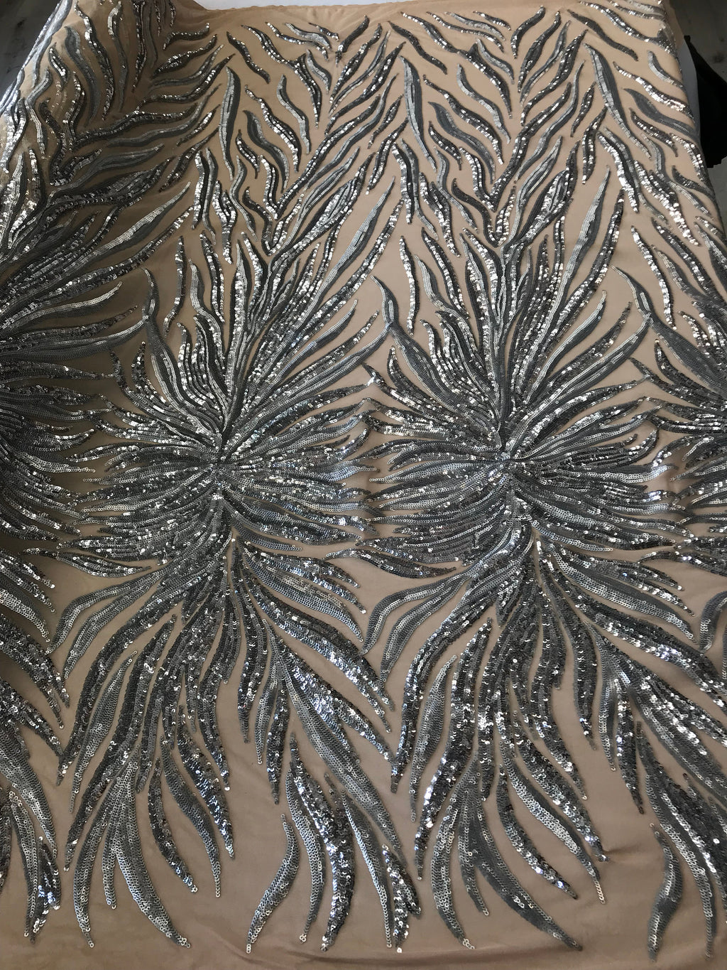 Phoenix Feather Sequins - Silver -  4 Way Stretch Phoenix Pattern Top Fashion Design Fabric