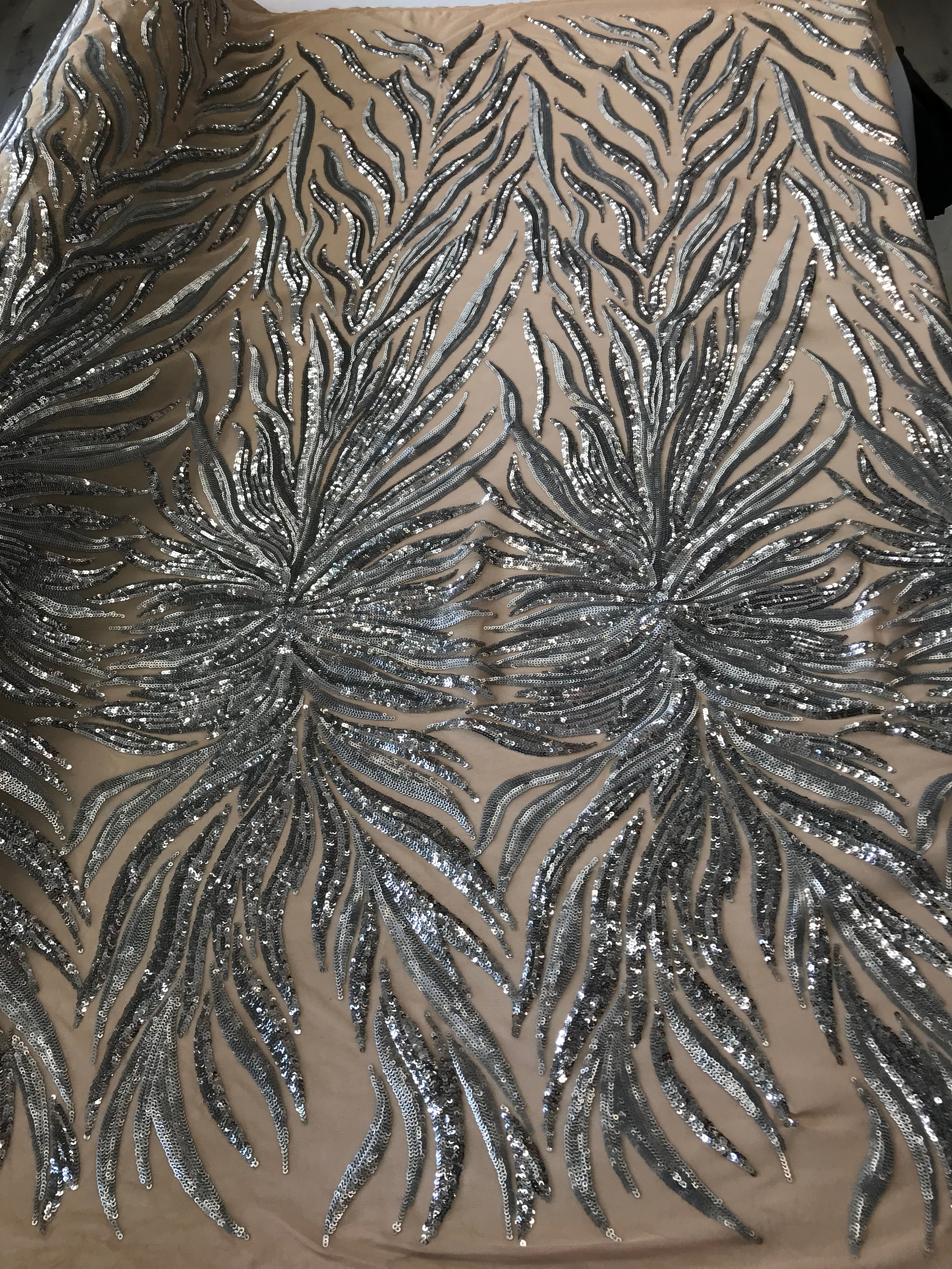 Phoenix Feather Sequins - Silver -  4 Way Stretch Phoenix Pattern Top Fashion Design Fabric