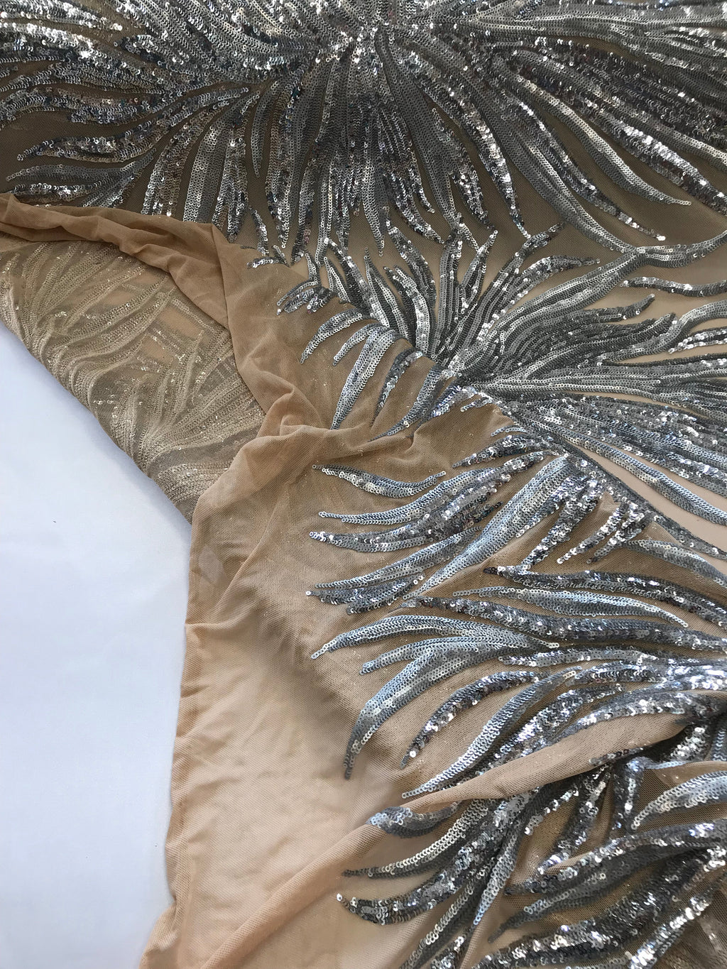 Phoenix Feather Sequins - Silver -  4 Way Stretch Phoenix Pattern Top Fashion Design Fabric