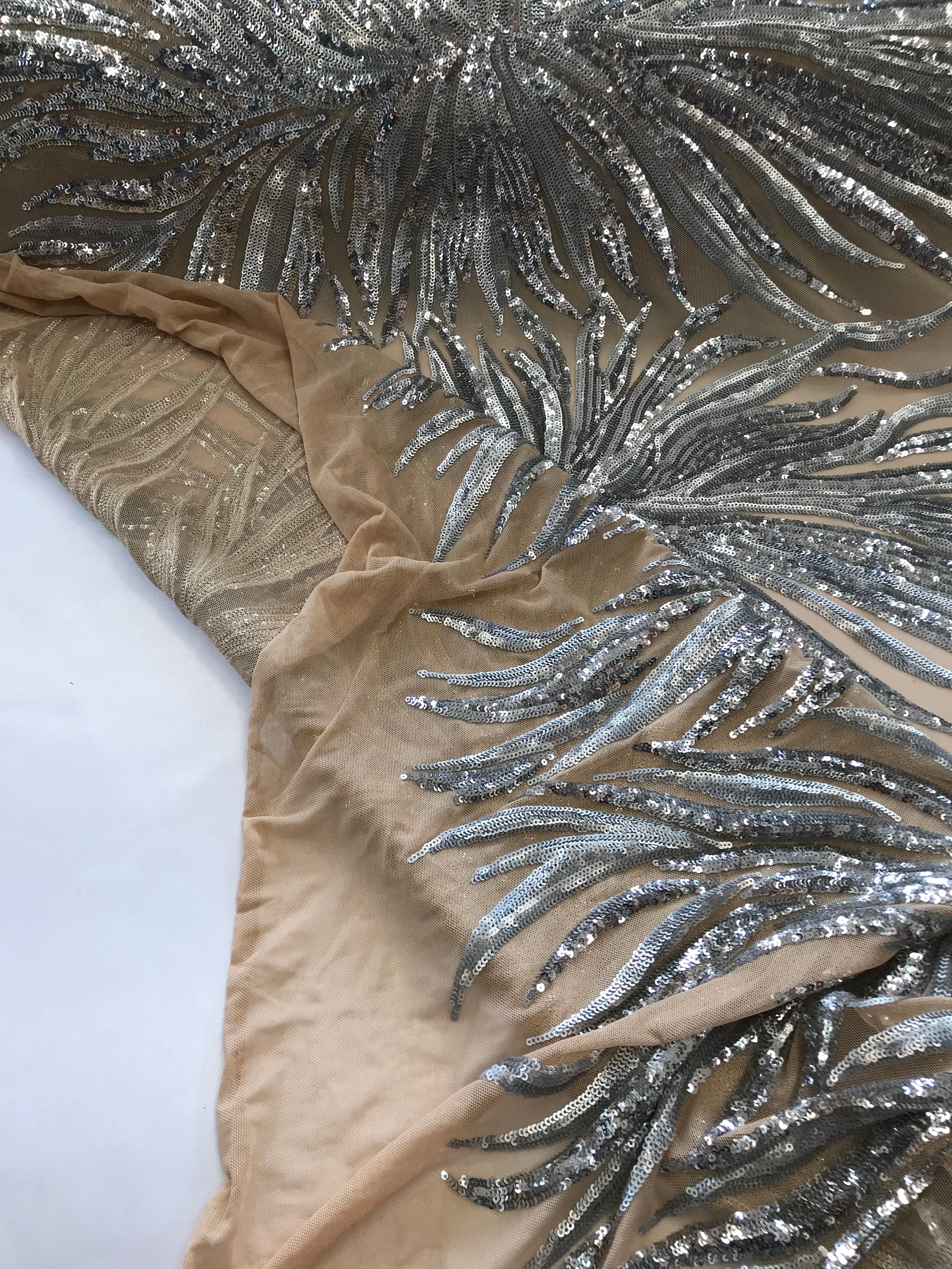 Phoenix Feather Sequins - Silver -  4 Way Stretch Phoenix Pattern Top Fashion Design Fabric