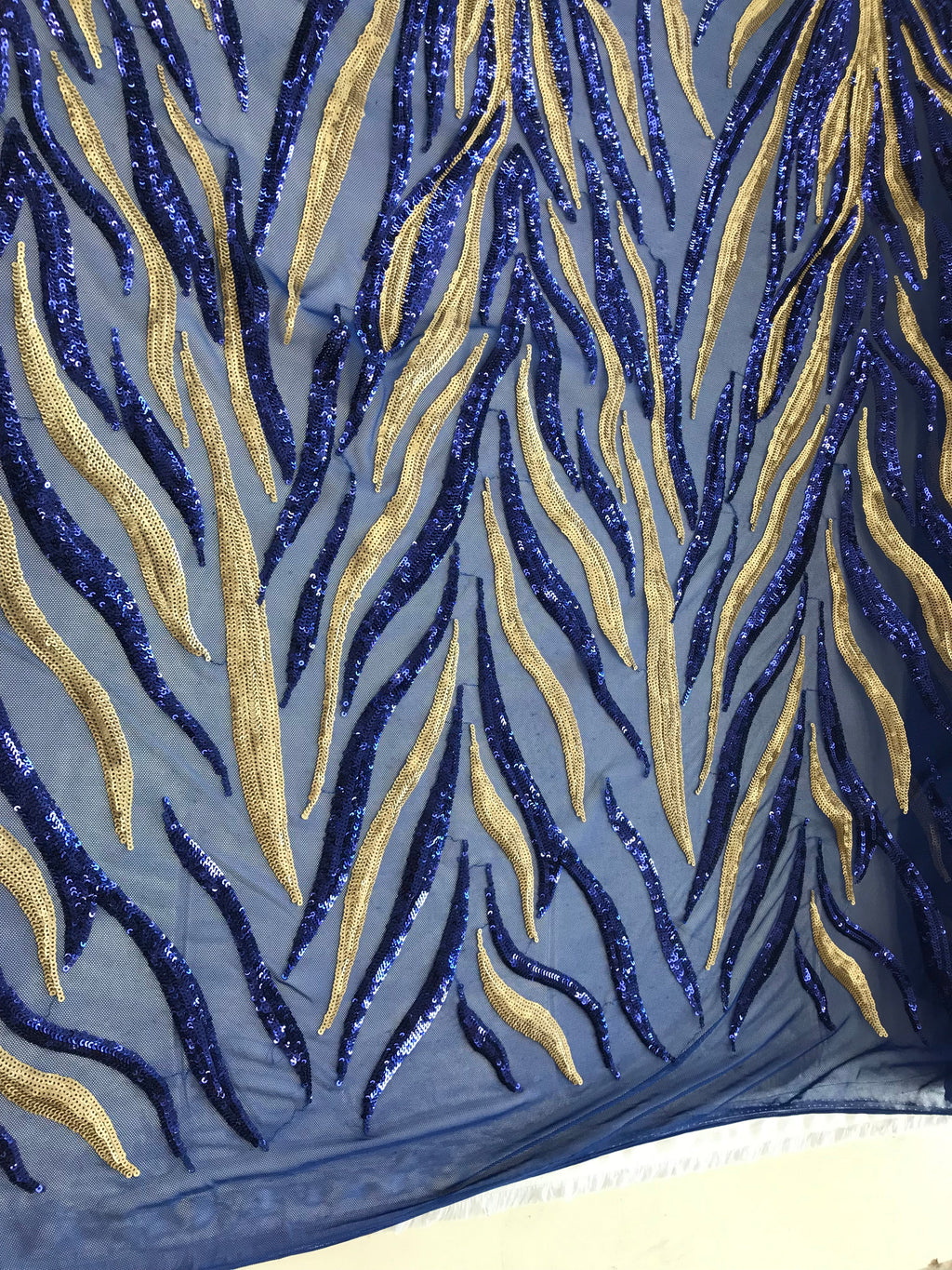 Phoenix Feather Sequins - Royal Blue / Gold 4 Way Stretch Phoenix Pattern Top Fashion Design Fabric