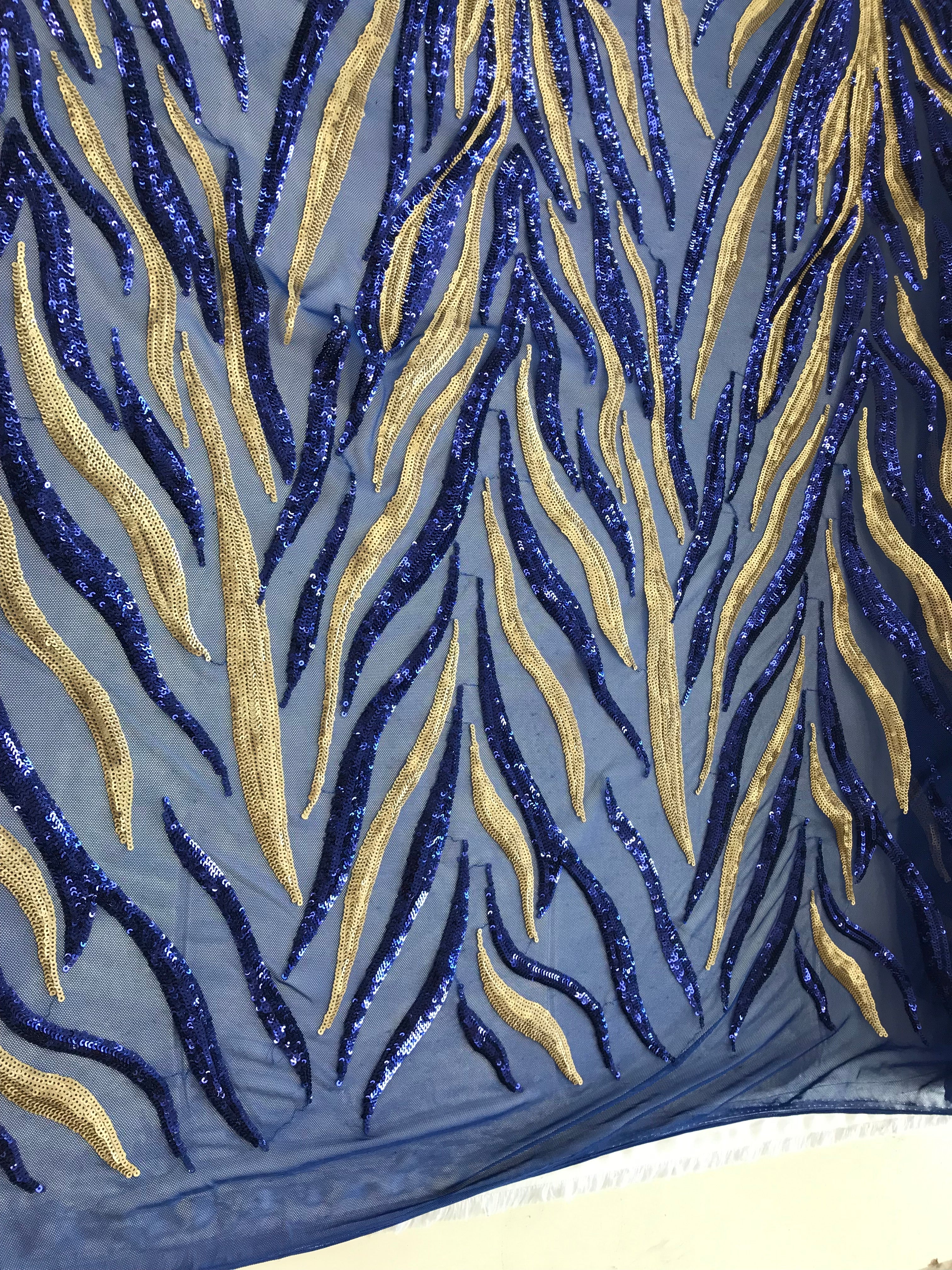 Phoenix Feather Sequins - Royal Blue / Gold 4 Way Stretch Phoenix Pattern Top Fashion Design Fabric