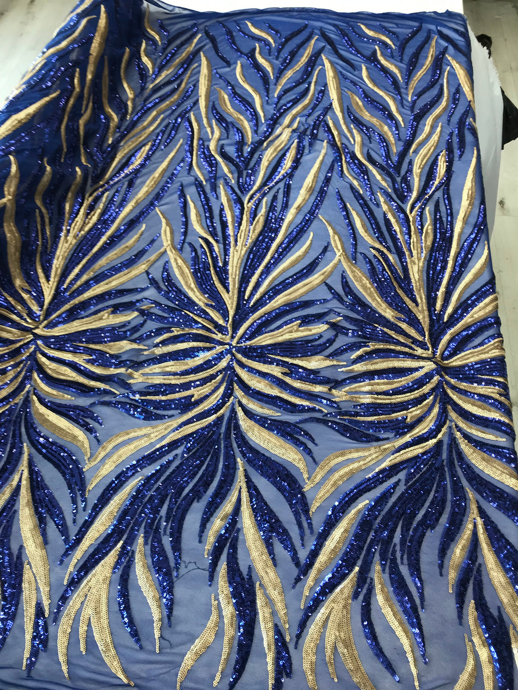 Phoenix Feather Sequins - Royal Blue / Gold 4 Way Stretch Phoenix Pattern Top Fashion Design Fabric