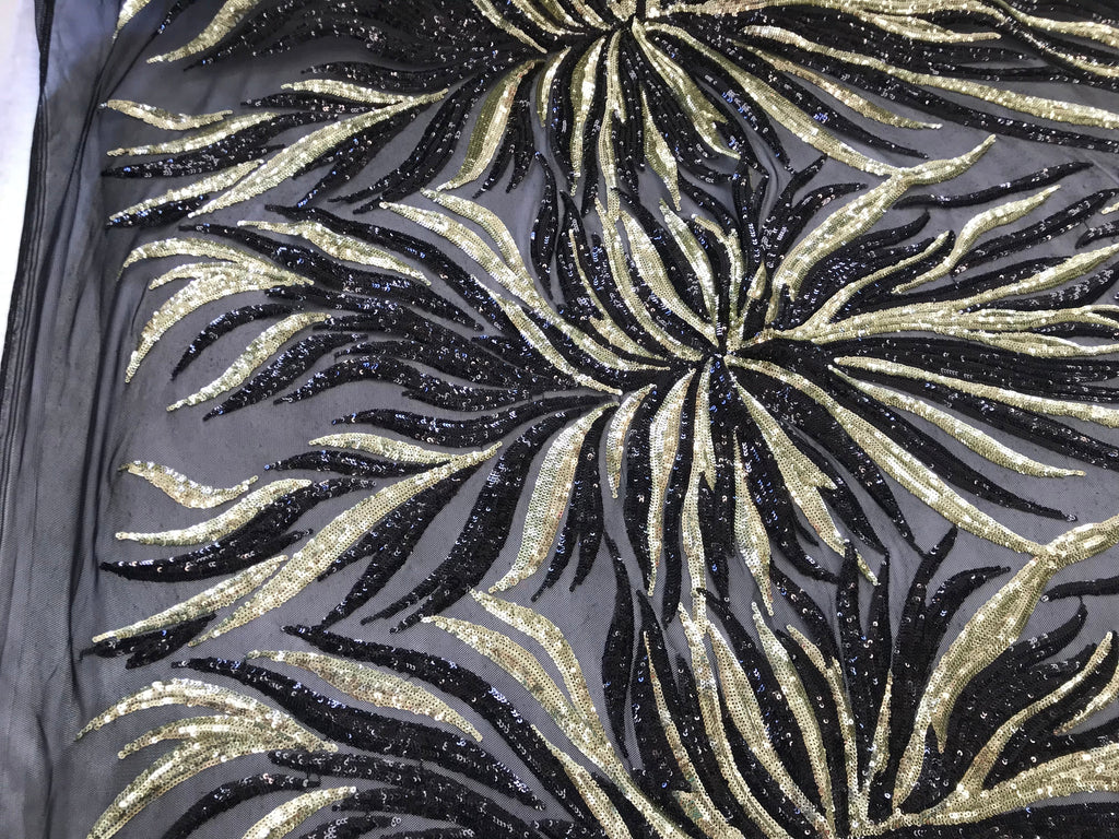 Phoenix Feather Sequins - Light Gold / Black 4 Way Stretch Phoenix Pattern Top Fashion Design Fabric