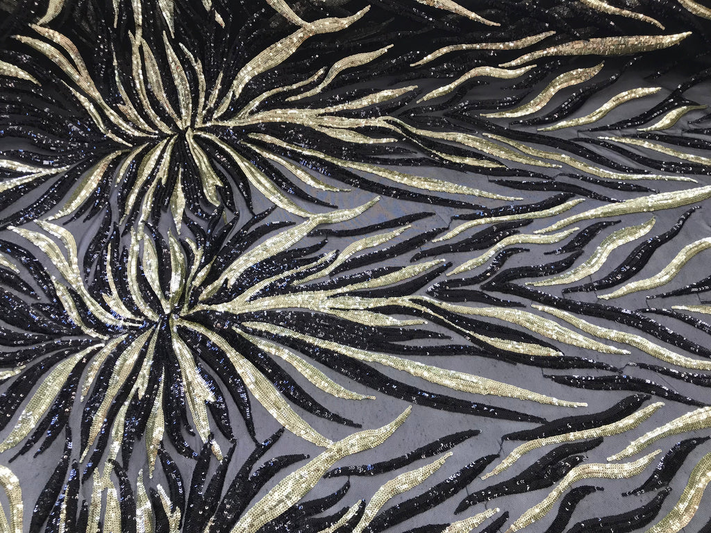 Phoenix Feather Sequins - Light Gold / Black 4 Way Stretch Phoenix Pattern Top Fashion Design Fabric