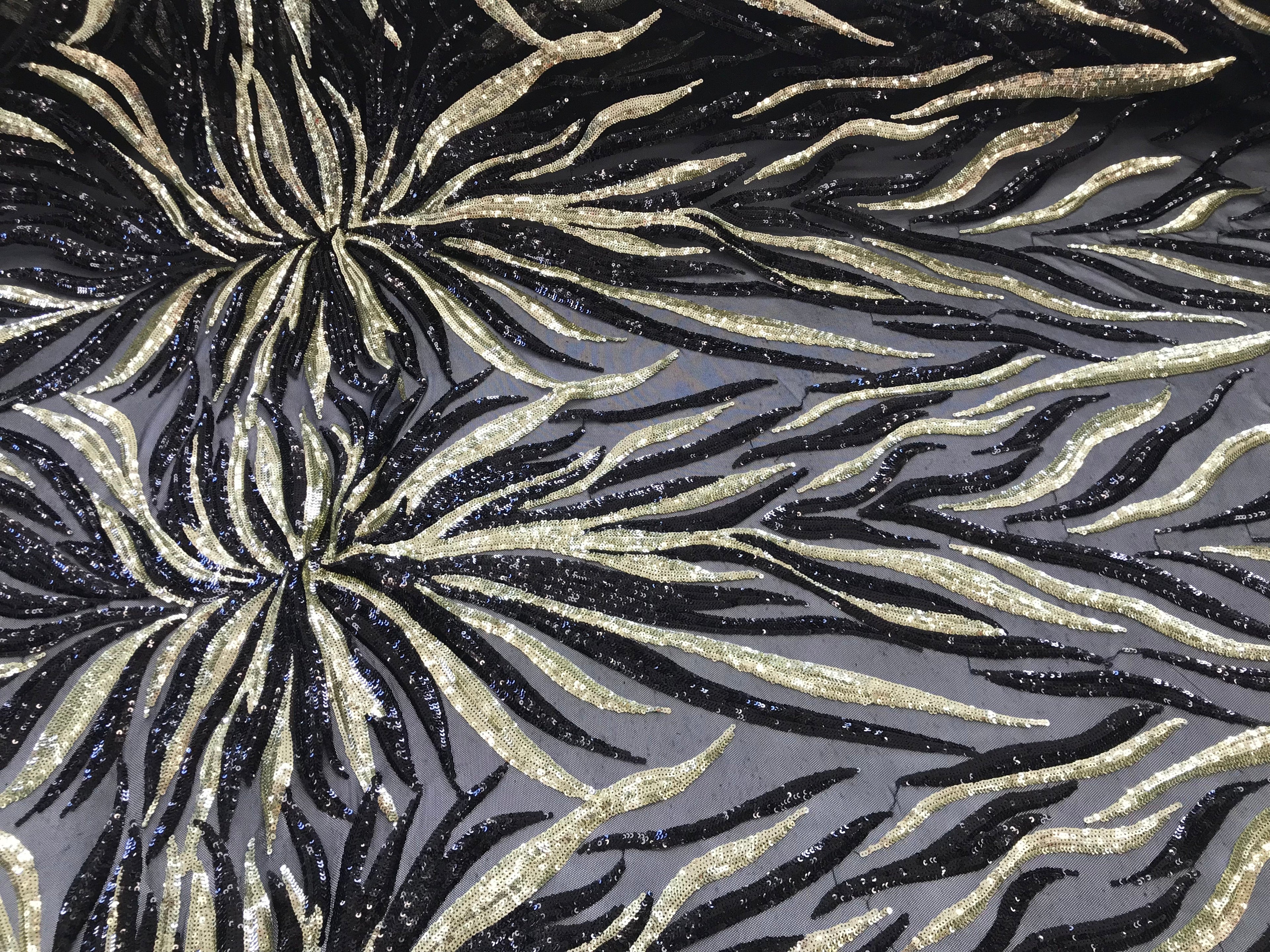 Phoenix Feather Sequins - Light Gold / Black 4 Way Stretch Phoenix Pattern Top Fashion Design Fabric