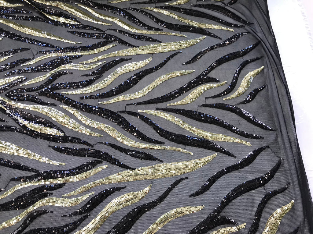 Phoenix Feather Sequins - Light Gold / Black 4 Way Stretch Phoenix Pattern Top Fashion Design Fabric