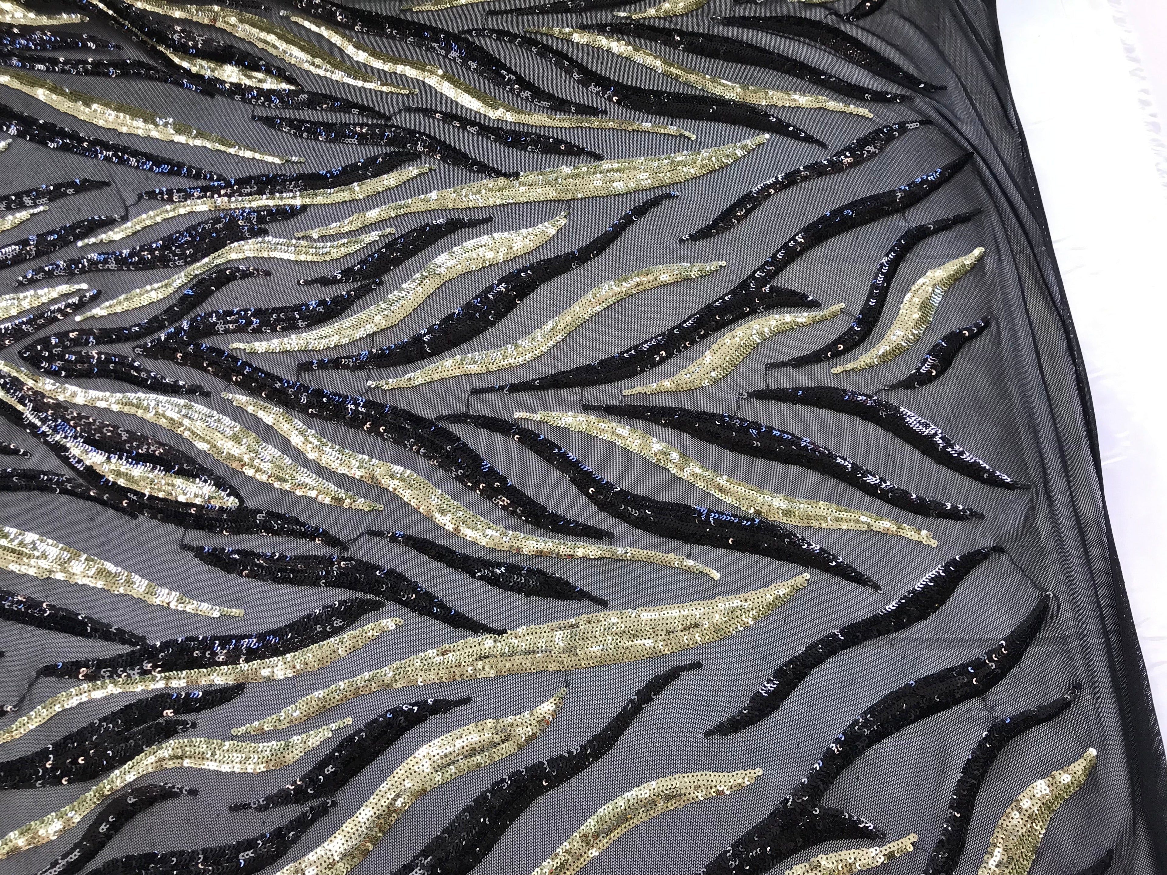 Phoenix Feather Sequins - Light Gold / Black 4 Way Stretch Phoenix Pattern Top Fashion Design Fabric