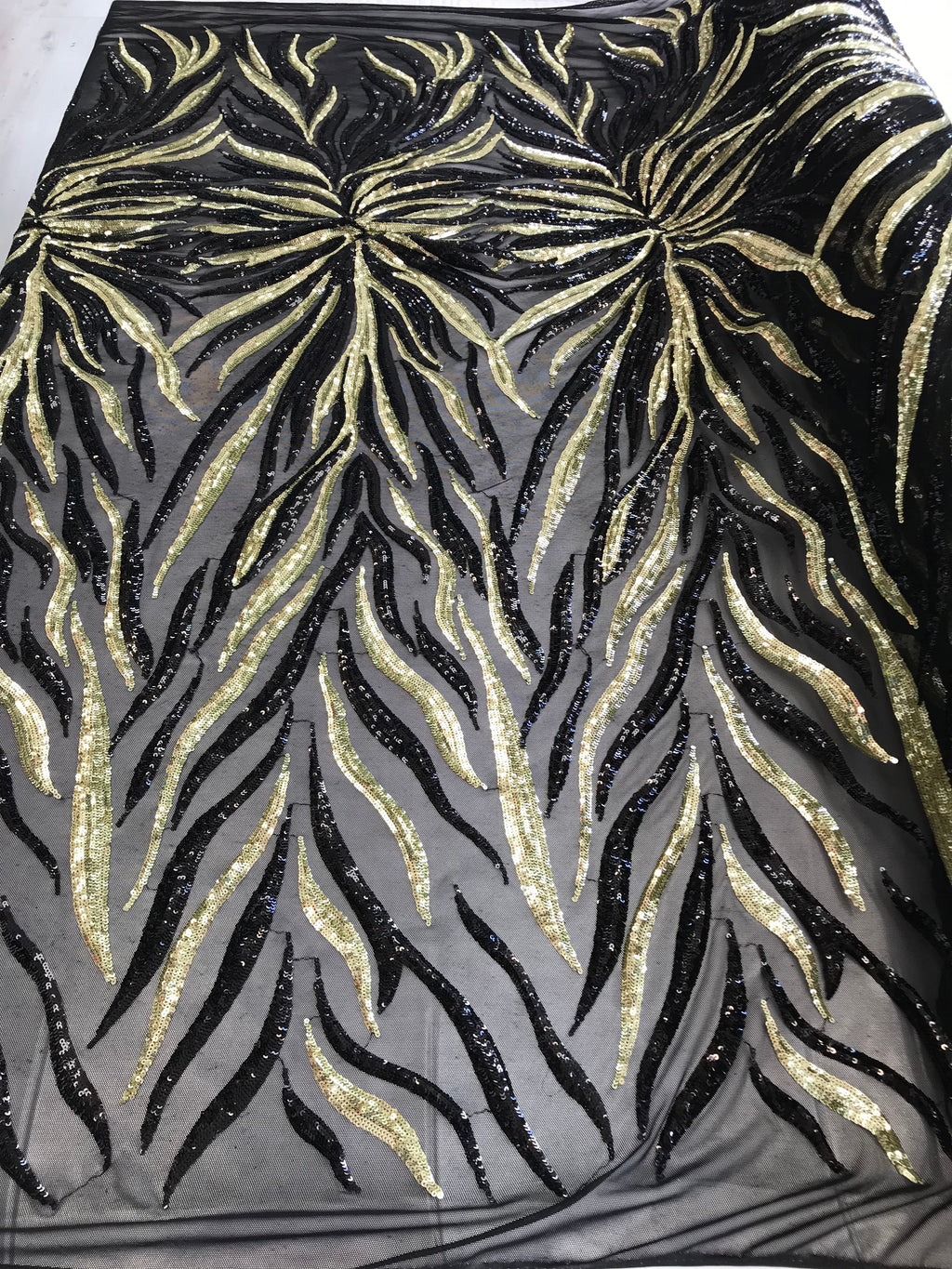Phoenix Feather Sequins - Light Gold / Black 4 Way Stretch Phoenix Pattern Top Fashion Design Fabric