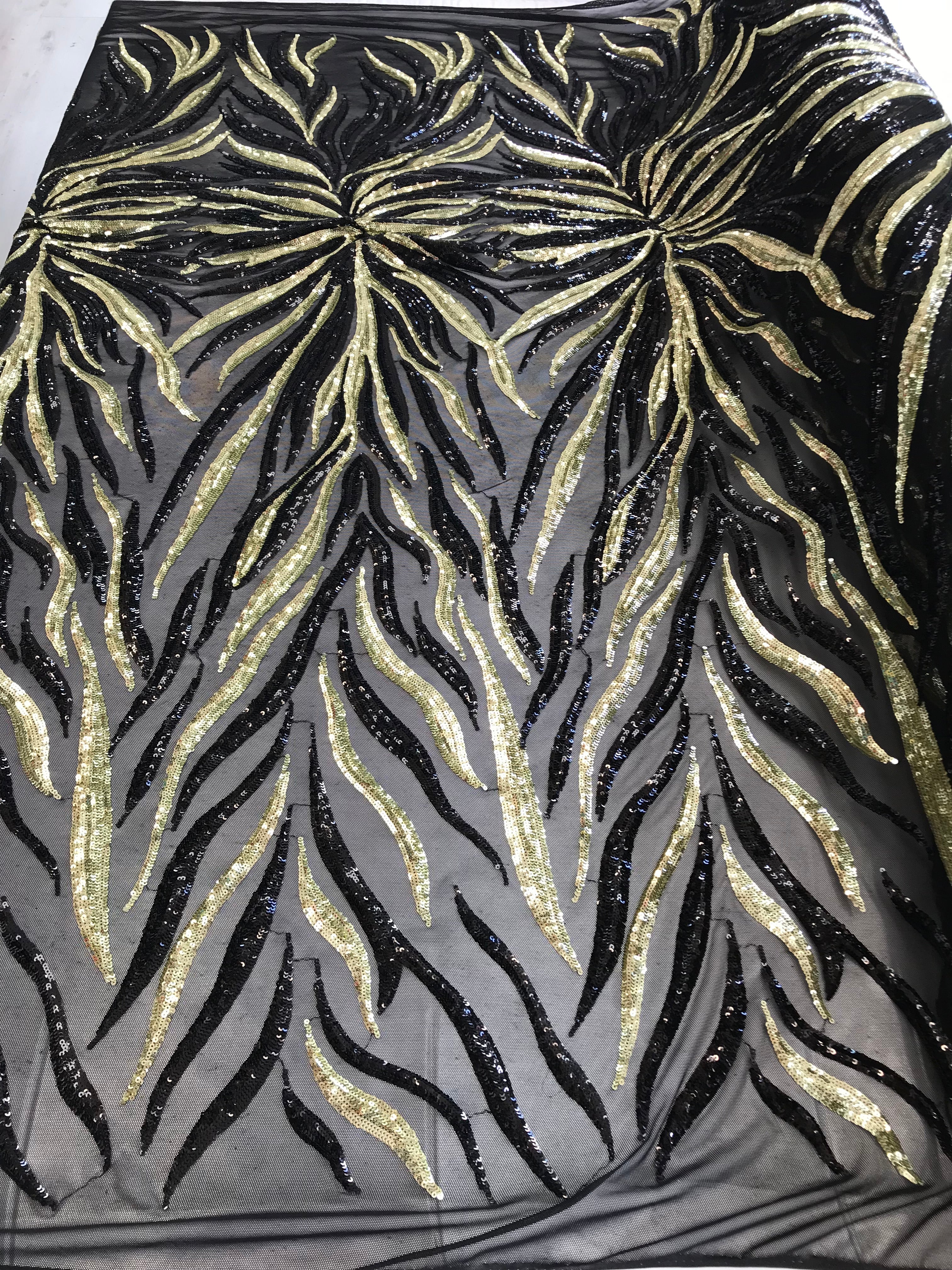 Phoenix Feather Sequins - Light Gold / Black 4 Way Stretch Phoenix Pattern Top Fashion Design Fabric
