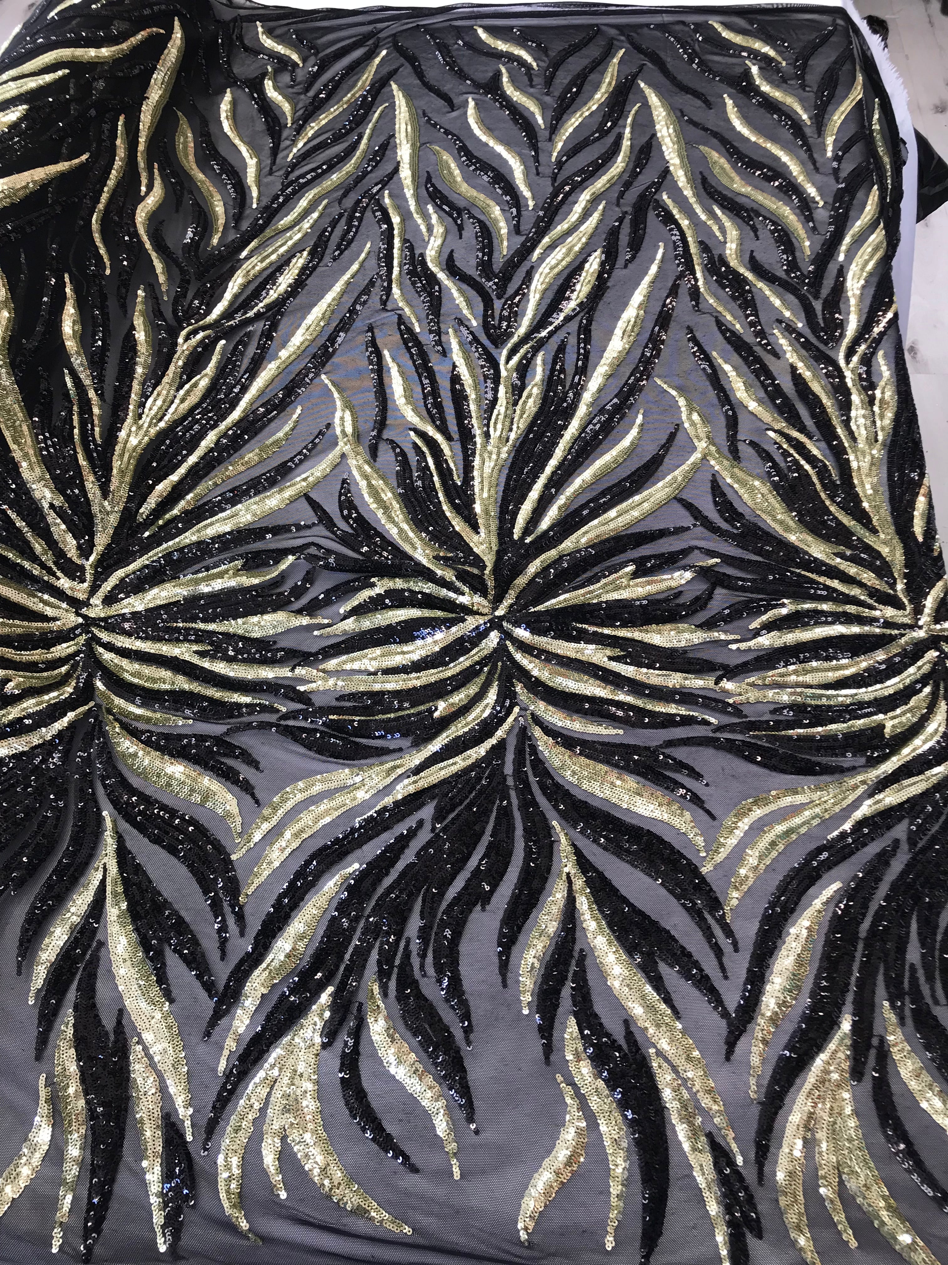 Phoenix Feather Sequins - Light Gold / Black 4 Way Stretch Phoenix Pattern Top Fashion Design Fabric