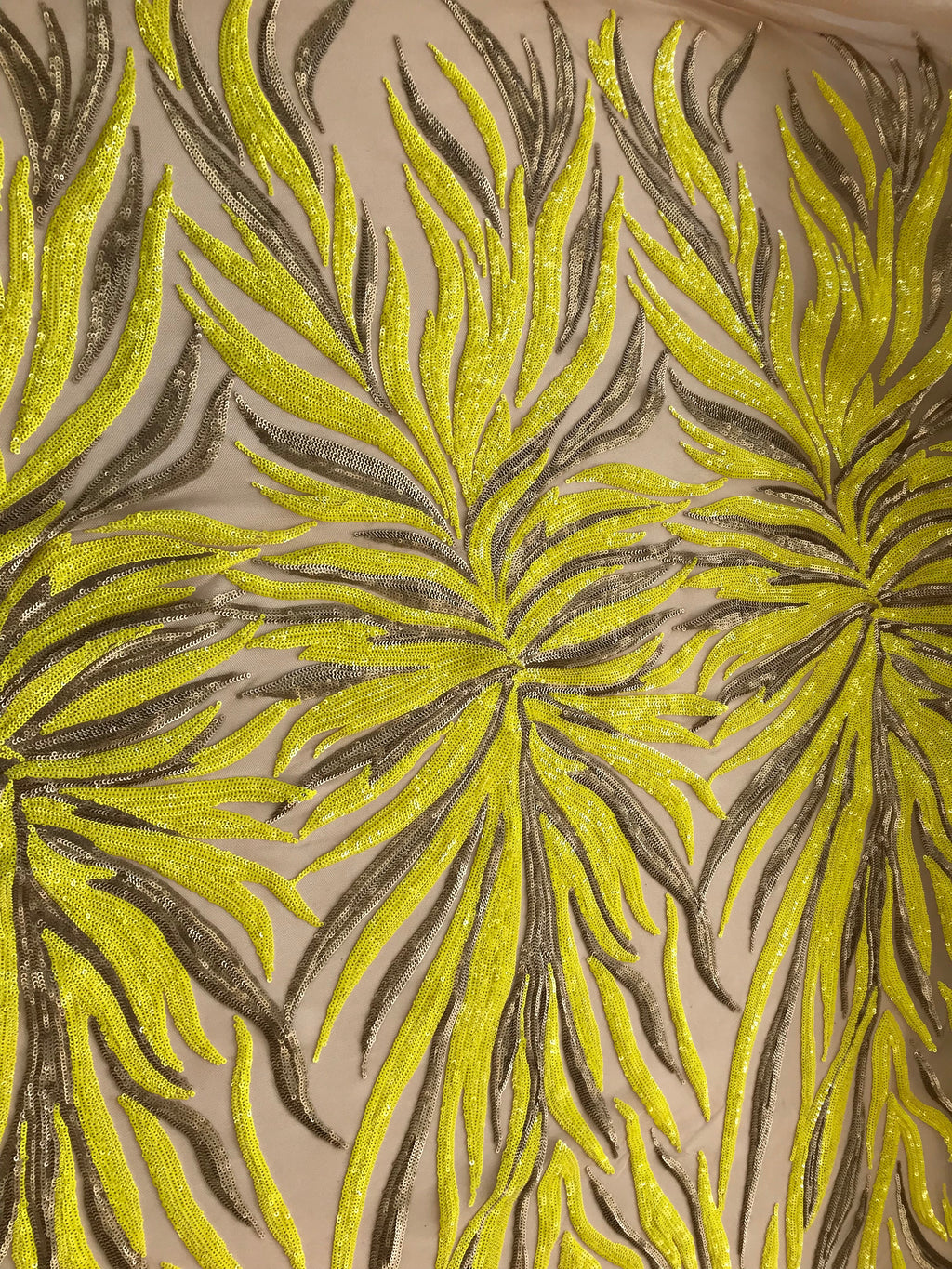 Phoenix Feather Sequins - Yellow / Matte Gold - 4 Way Stretch Phoenix Pattern  Fashion Design Fabric