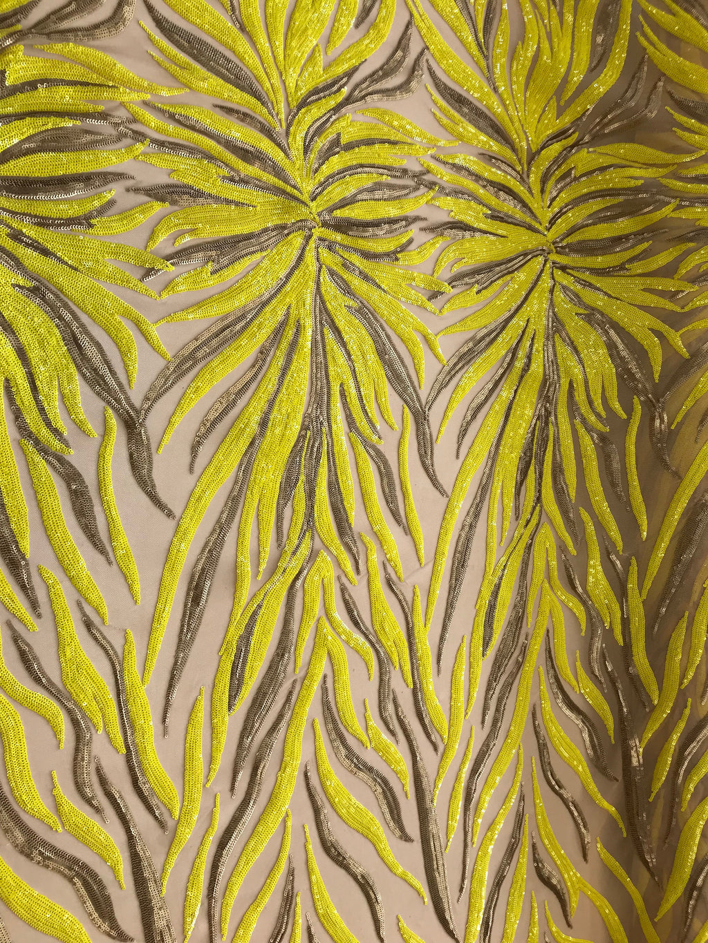 Phoenix Feather Sequins - Yellow / Matte Gold - 4 Way Stretch Phoenix Pattern  Fashion Design Fabric