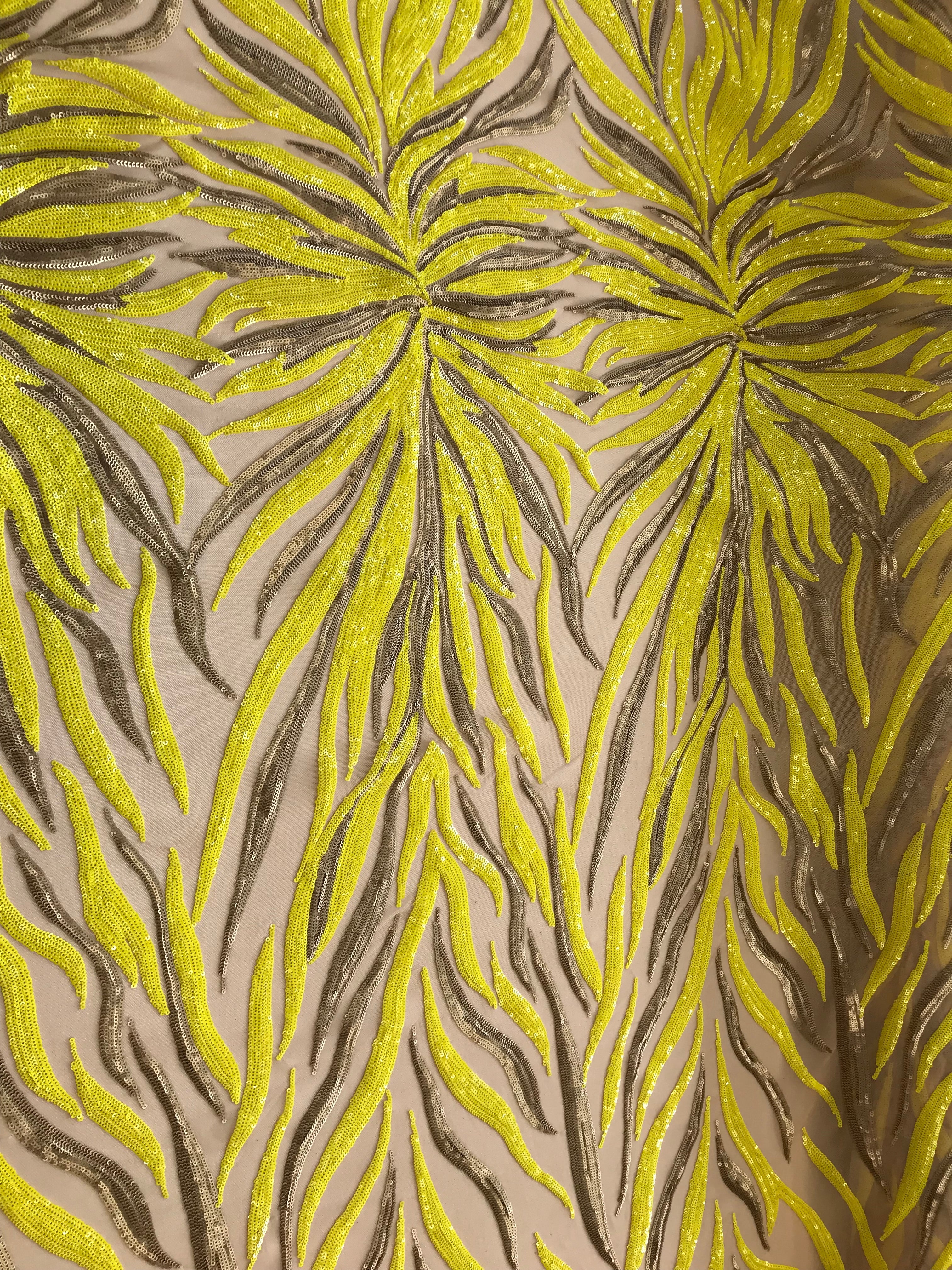 Phoenix Feather Sequins - Yellow / Matte Gold - 4 Way Stretch Phoenix Pattern  Fashion Design Fabric