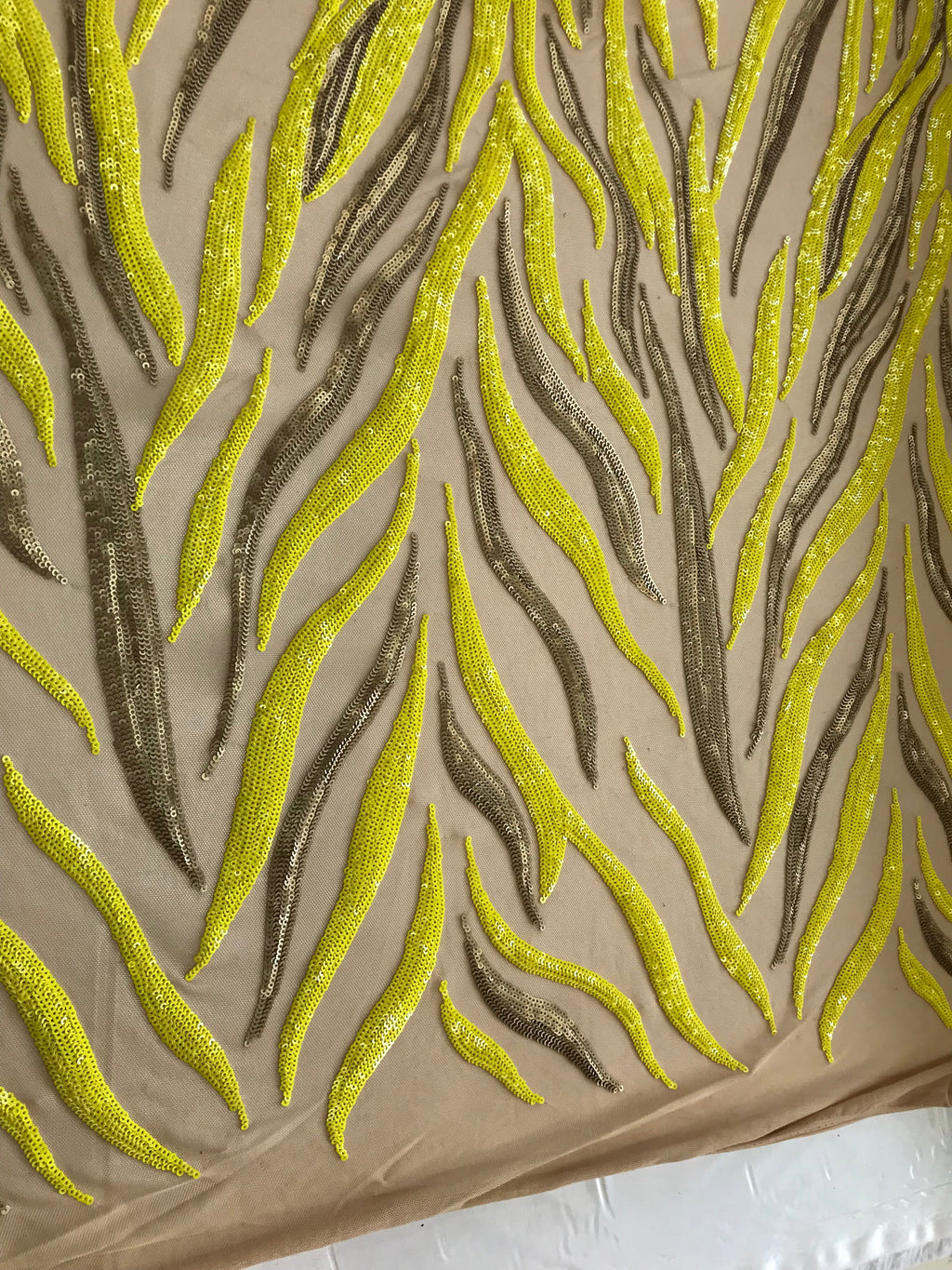 Phoenix Feather Sequins - Yellow / Matte Gold - 4 Way Stretch Phoenix Pattern  Fashion Design Fabric