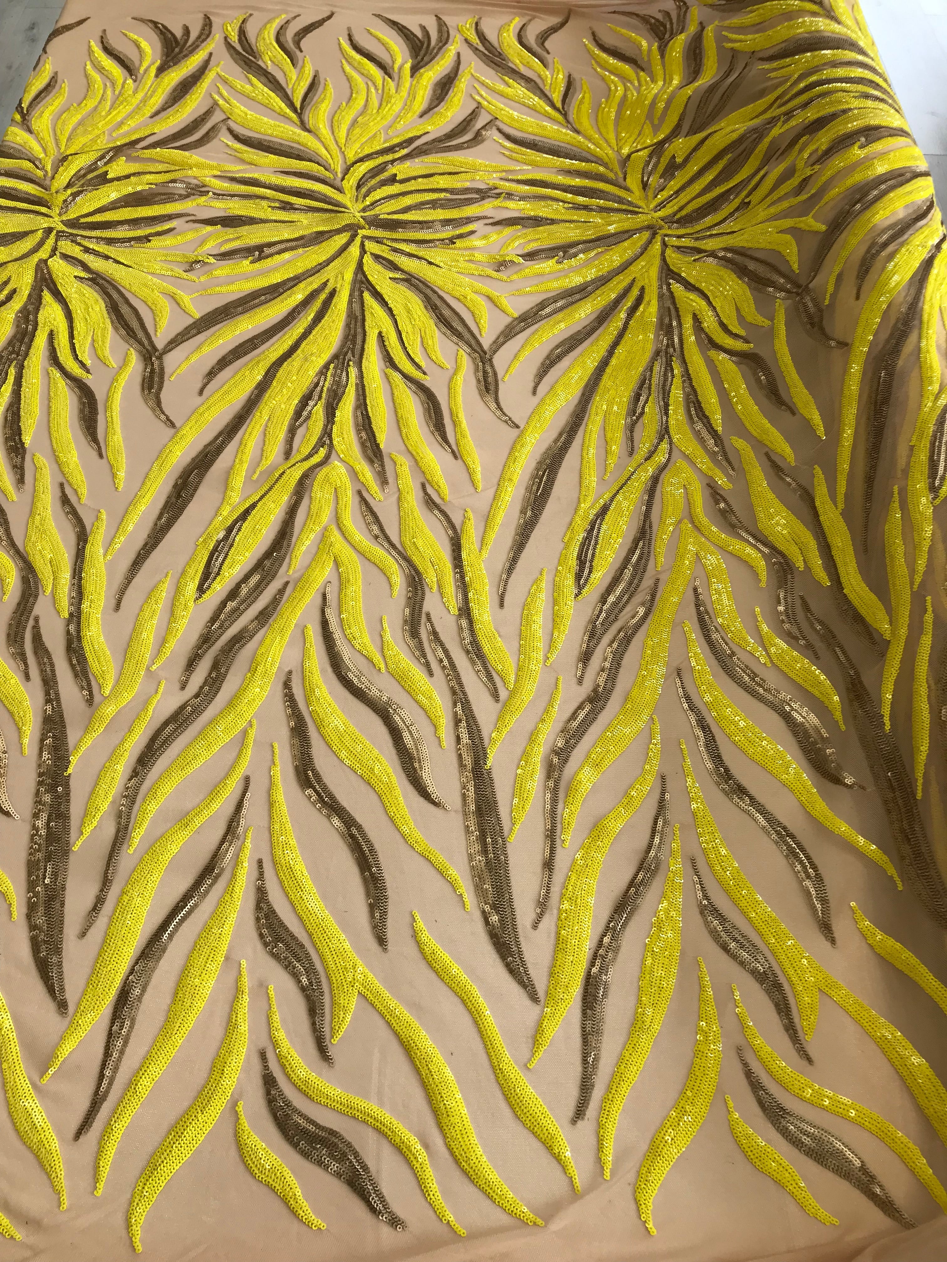 Phoenix Feather Sequins - Yellow / Matte Gold - 4 Way Stretch Phoenix Pattern  Fashion Design Fabric