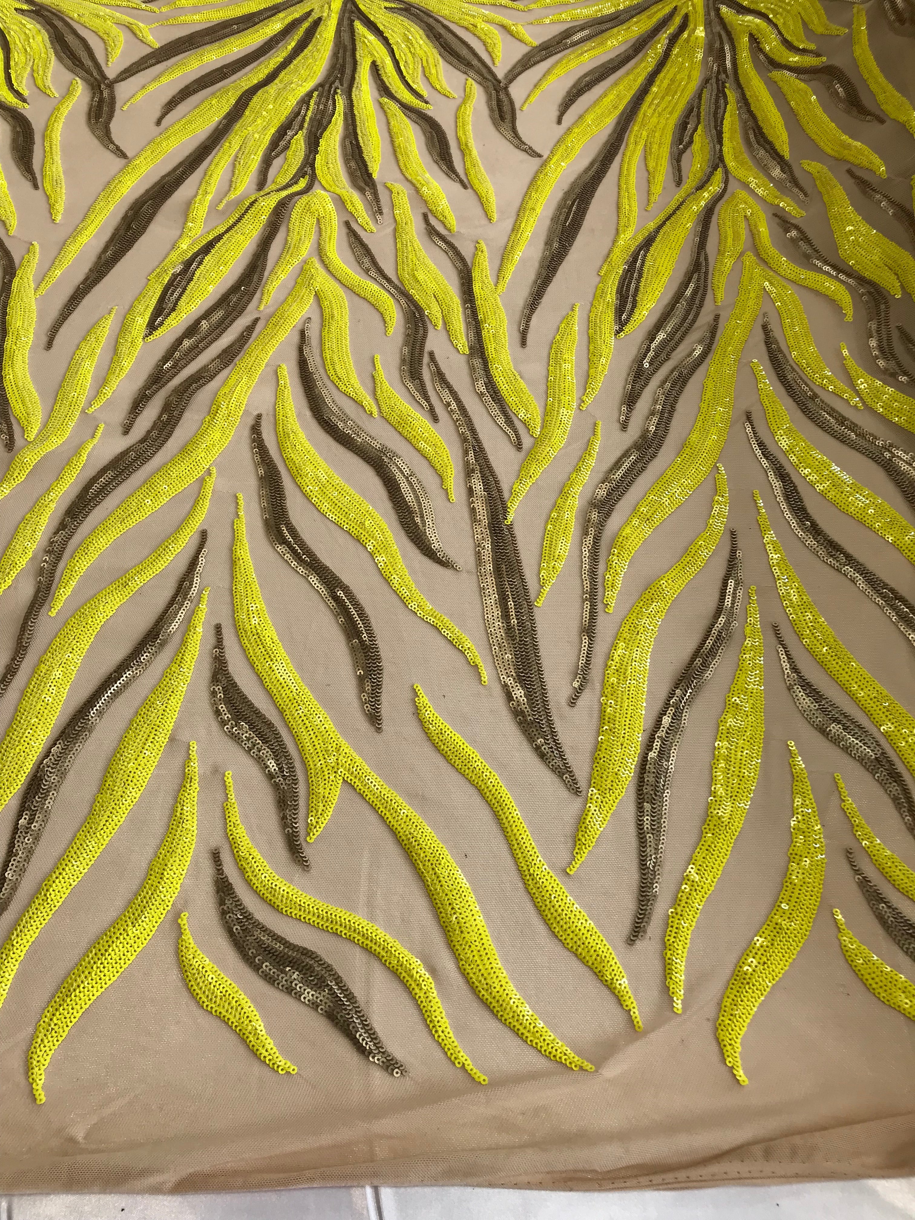 Phoenix Feather Sequins - Yellow / Matte Gold - 4 Way Stretch Phoenix Pattern  Fashion Design Fabric