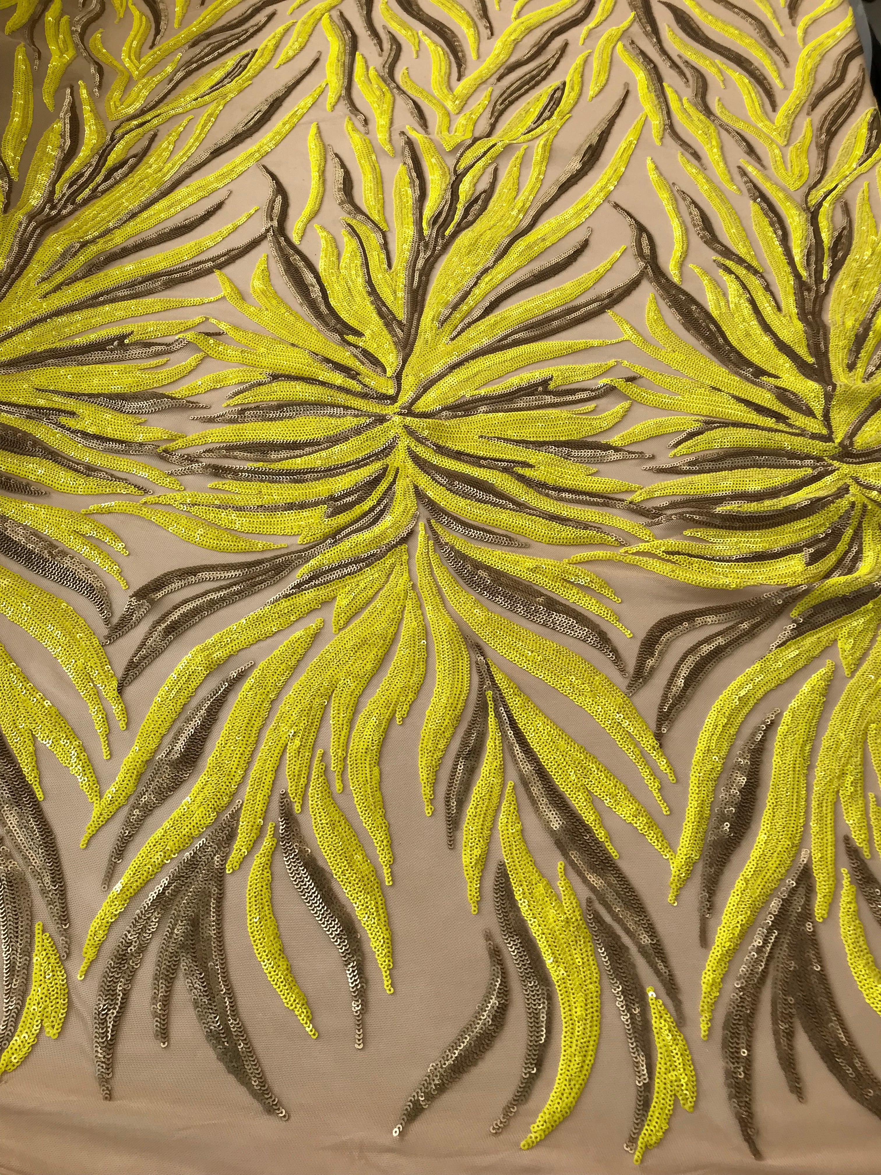 Phoenix Feather Sequins - Yellow / Matte Gold - 4 Way Stretch Phoenix Pattern  Fashion Design Fabric