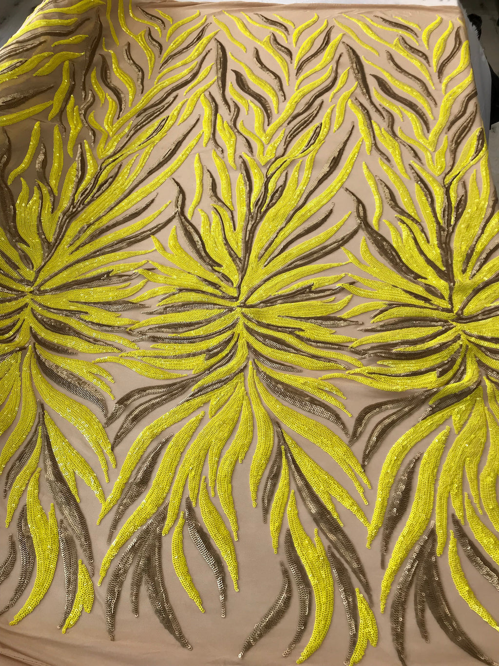 Phoenix Feather Sequins - Yellow / Matte Gold - 4 Way Stretch Phoenix Pattern  Fashion Design Fabric