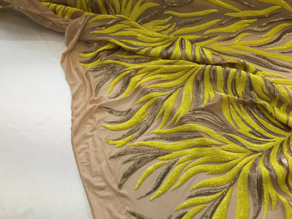 Phoenix Feather Sequins - Yellow / Matte Gold - 4 Way Stretch Phoenix Pattern  Fashion Design Fabric