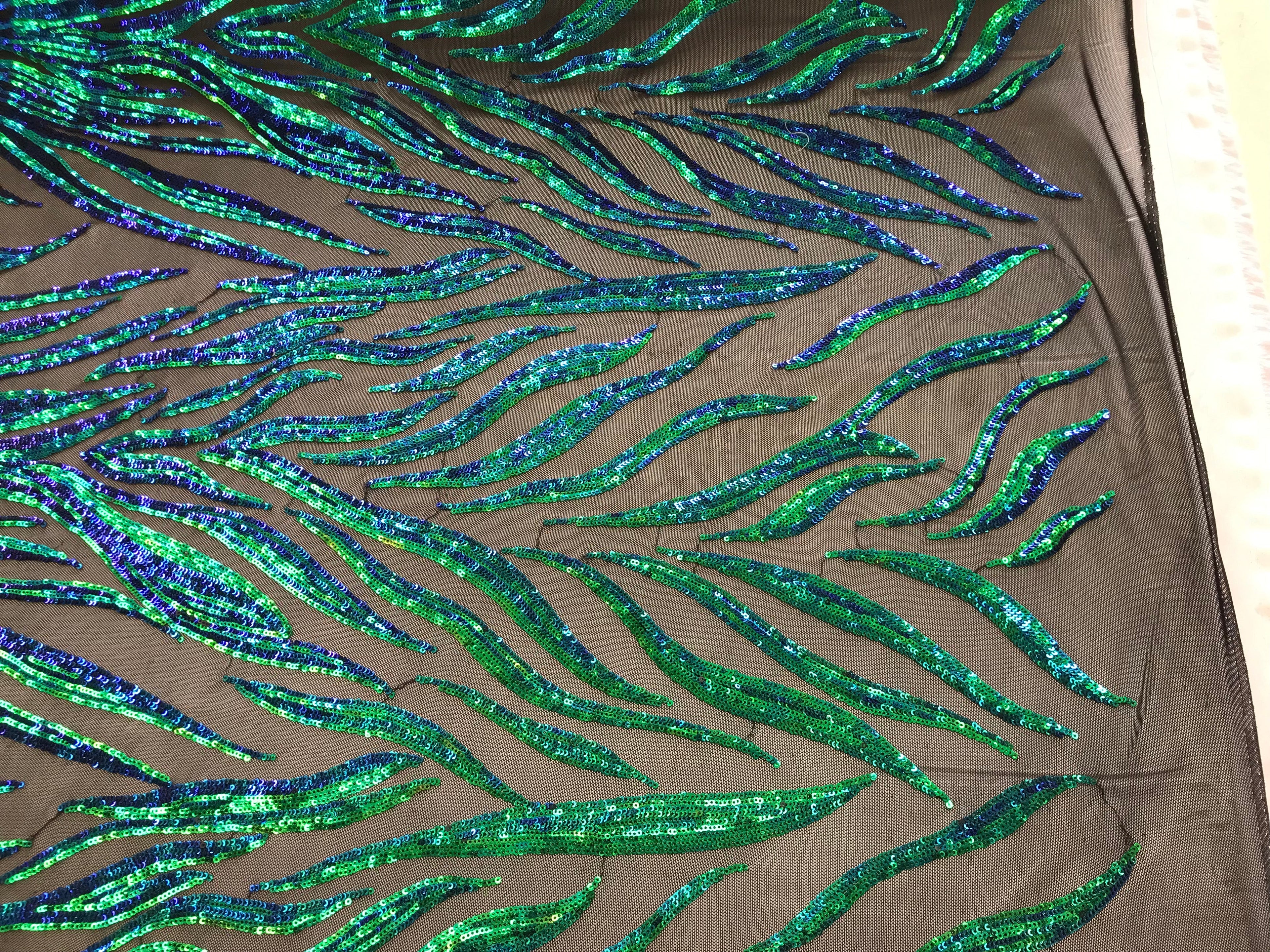 Phoenix Feather Sequins - Jade Blue / Green - 4 Way Stretch Phoenix Pattern Fashion Design Fabric