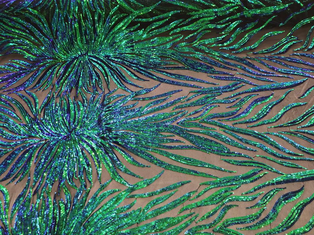 Phoenix Feather Sequins - Jade Blue / Green - 4 Way Stretch Phoenix Pattern Fashion Design Fabric