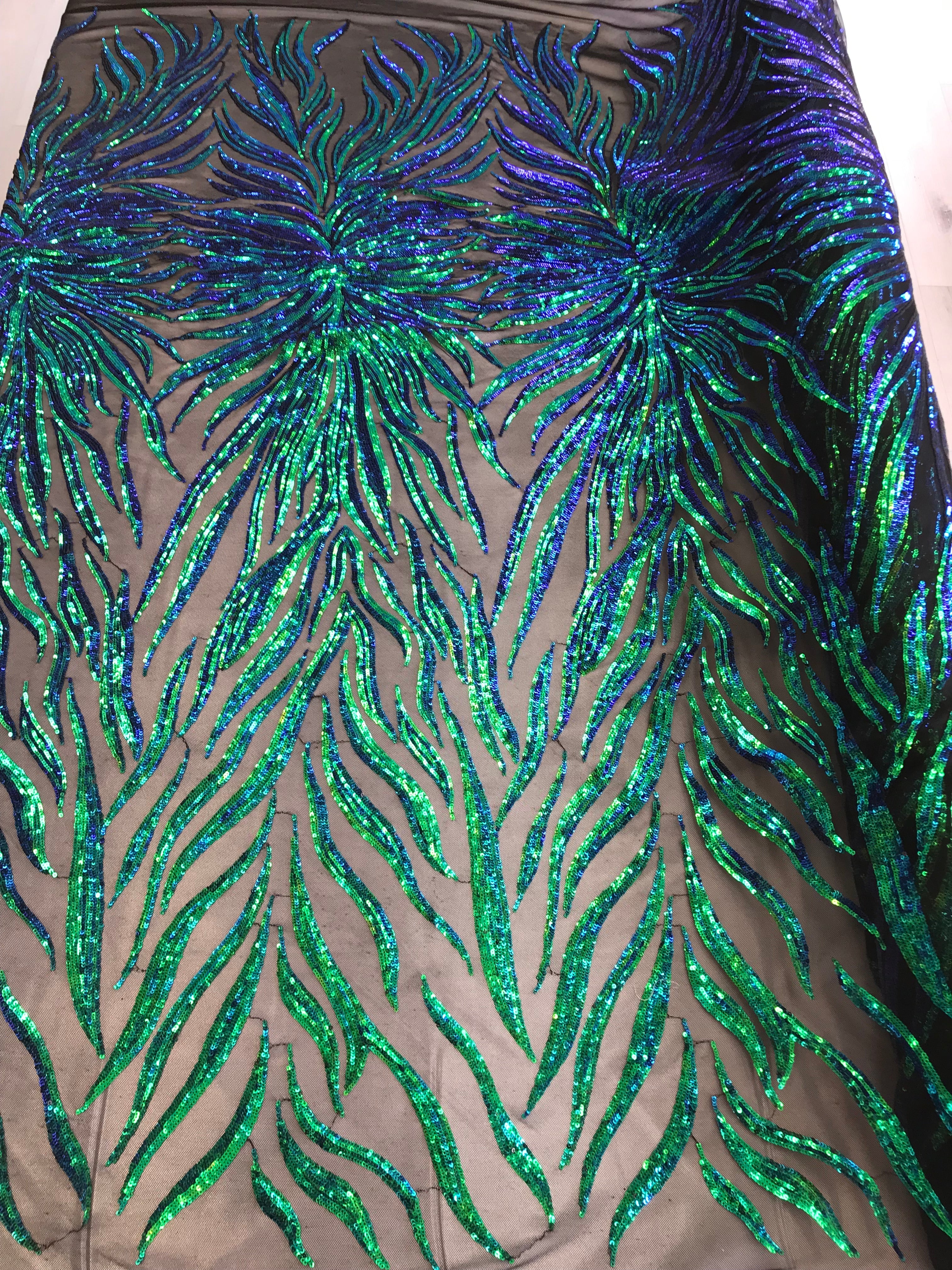 Phoenix Feather Sequins - Jade Blue / Green - 4 Way Stretch Phoenix Pattern Fashion Design Fabric