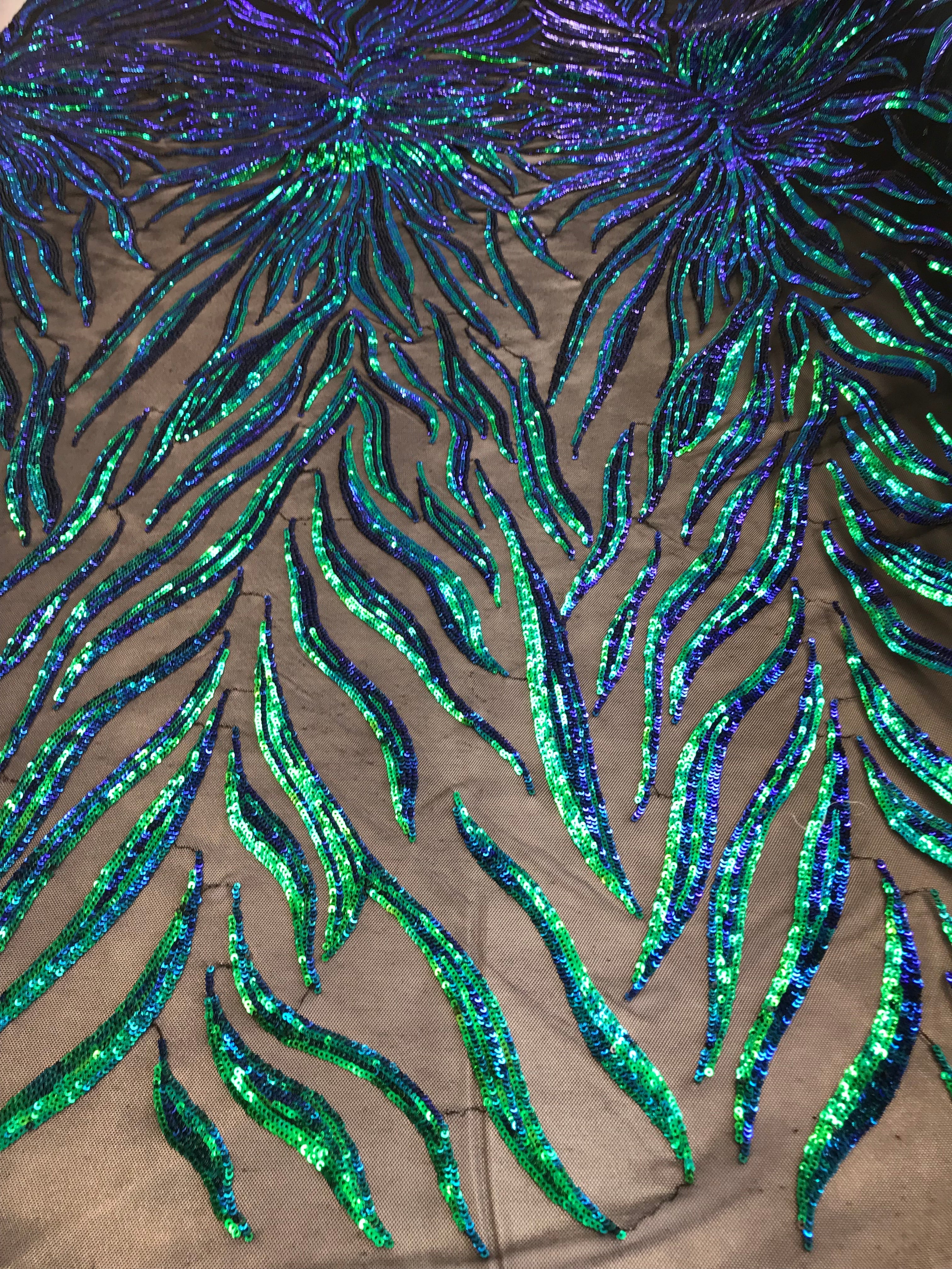 Phoenix Feather Sequins - Jade Blue / Green - 4 Way Stretch Phoenix Pattern Fashion Design Fabric