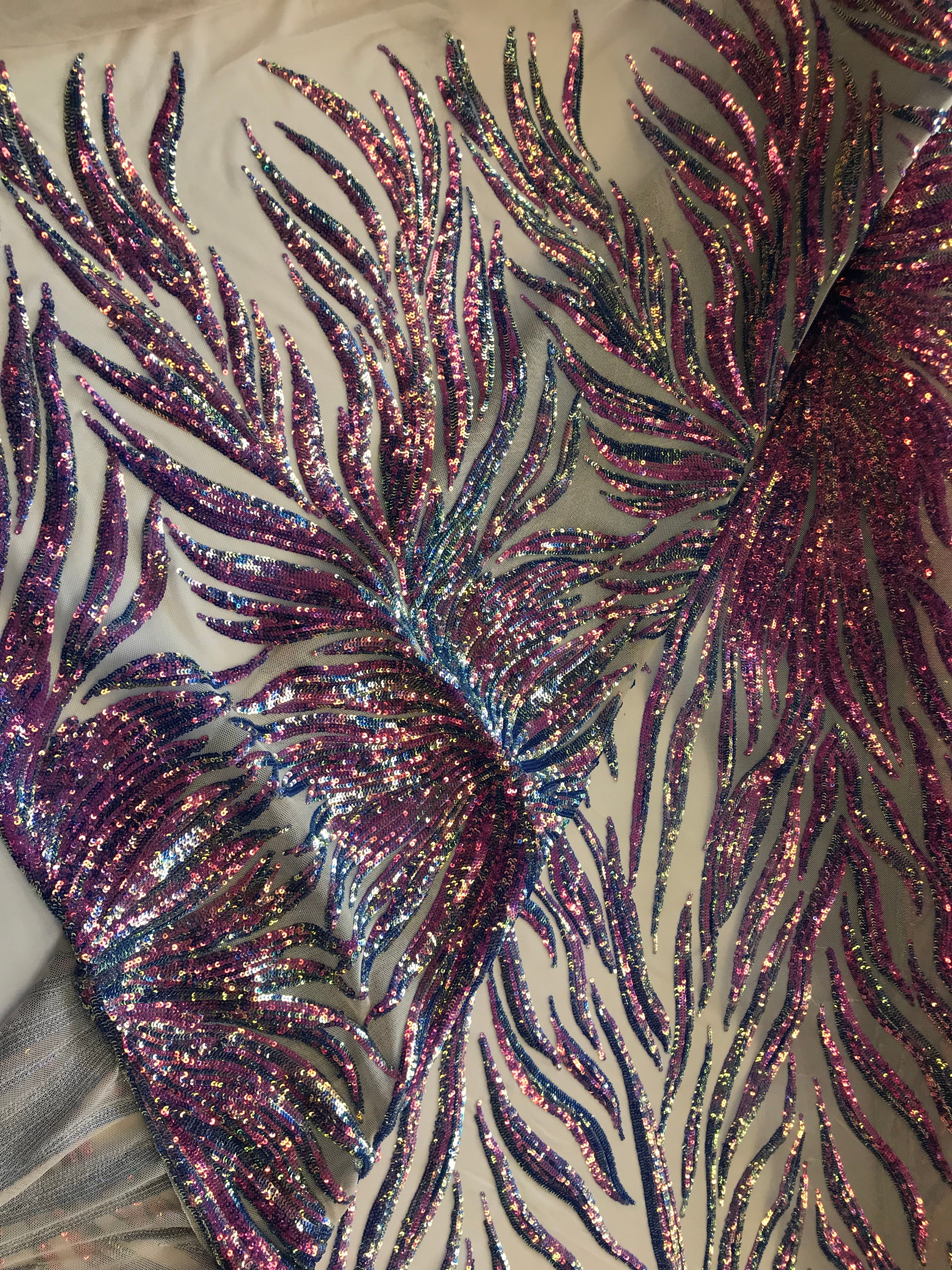 Phoenix Feather Sequins - Iridescent Lavender - 4 Way Stretch Phoenix Pattern Fashion Design Fabric
