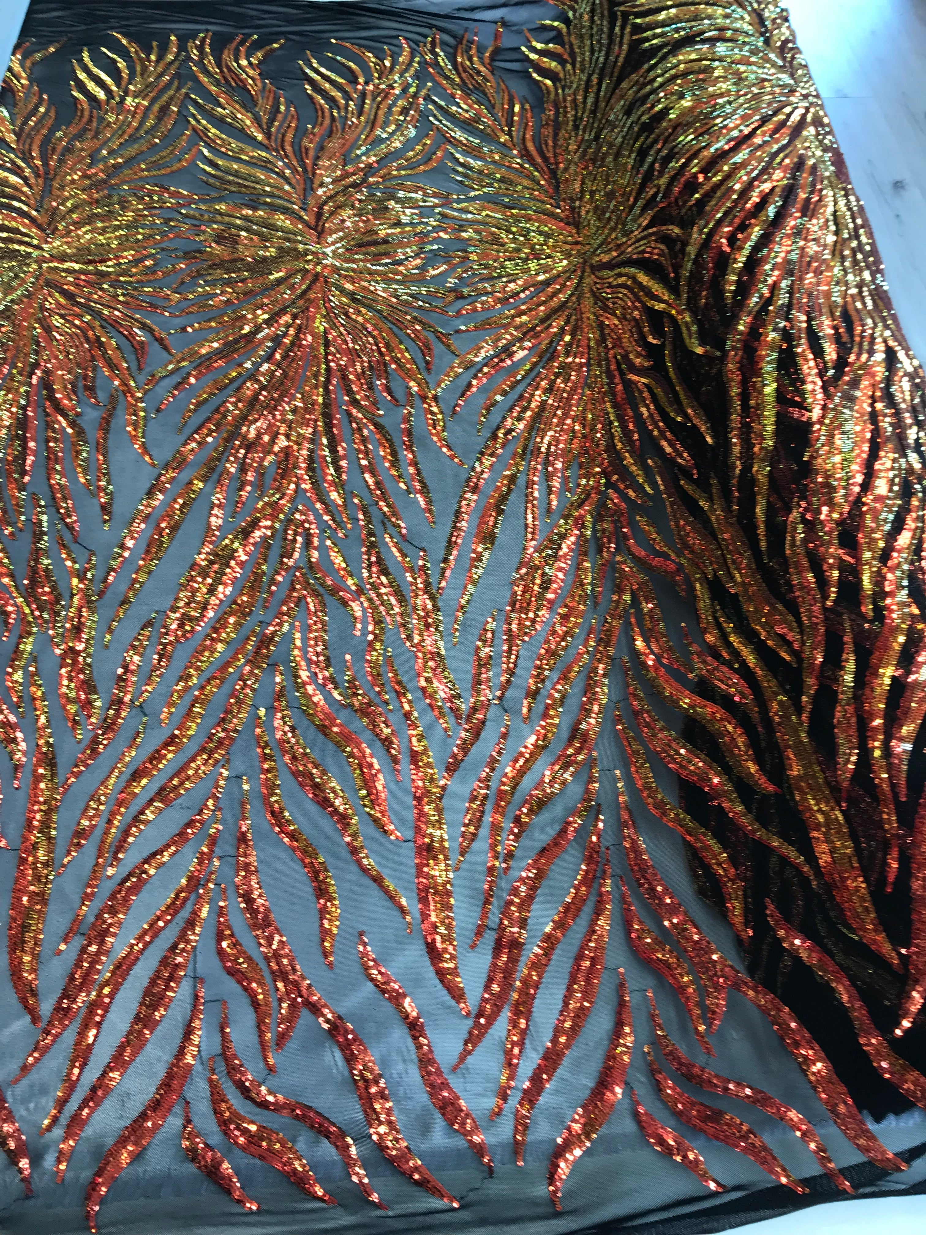 Phoenix Feather Sequins - Iridescent Orange - 4 Way Stretch Phoenix Pattern Fashion Design Fabric