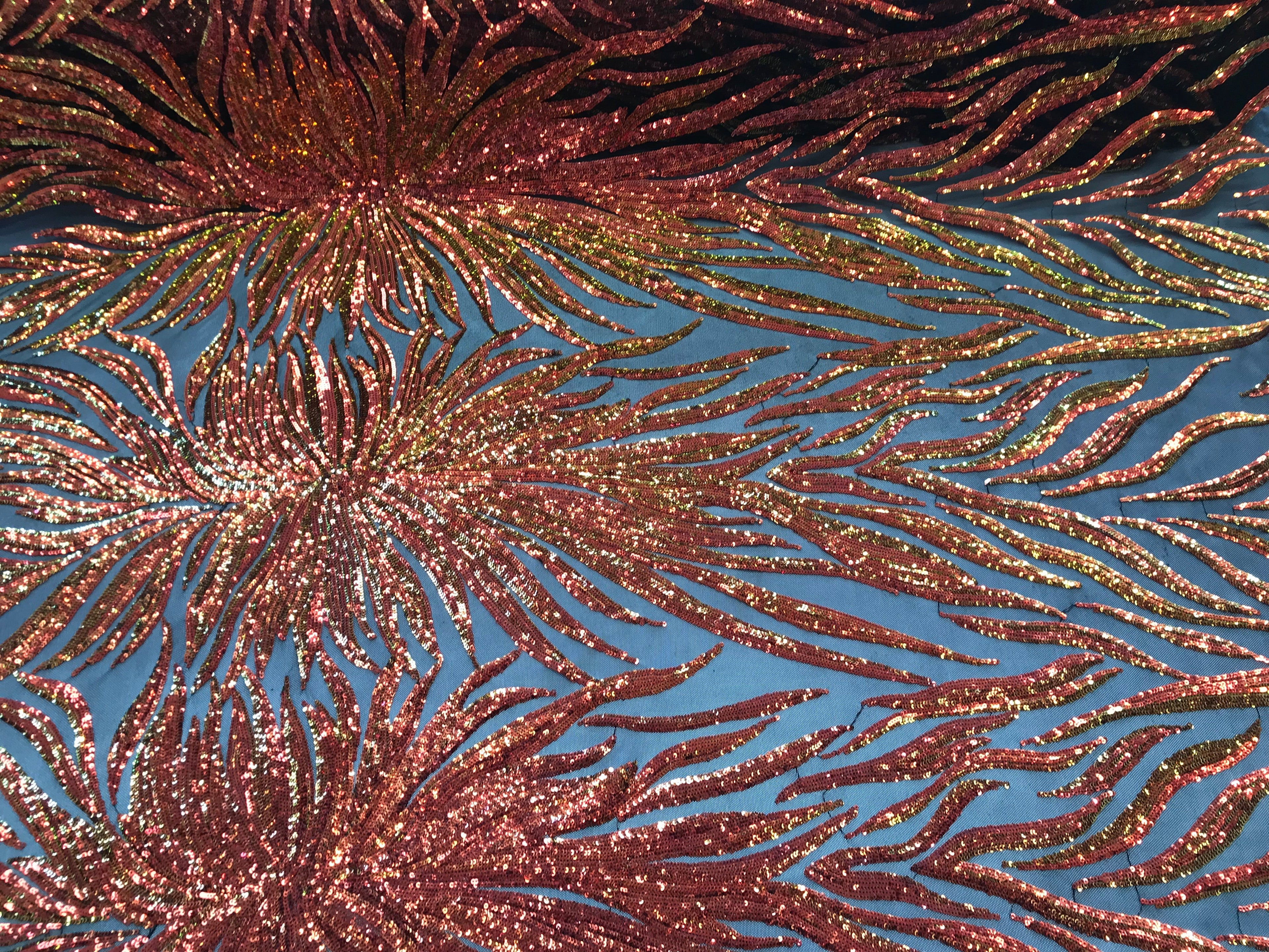 Phoenix Feather Sequins - Iridescent Orange - 4 Way Stretch Phoenix Pattern Fashion Design Fabric