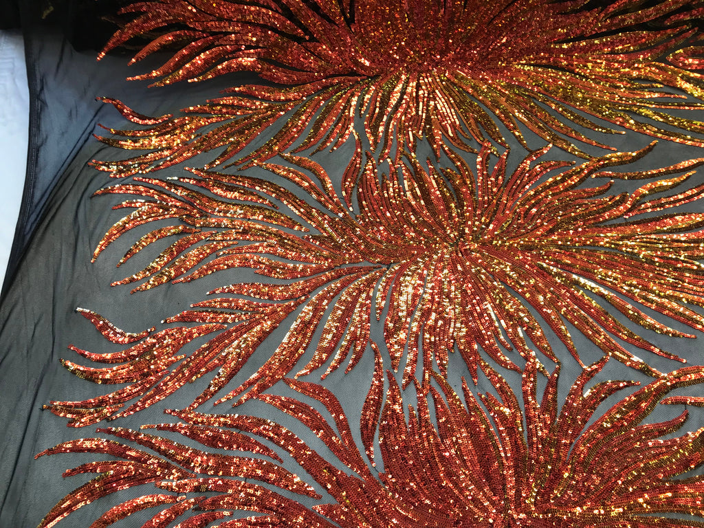 Phoenix Feather Sequins - Iridescent Orange - 4 Way Stretch Phoenix Pattern Fashion Design Fabric