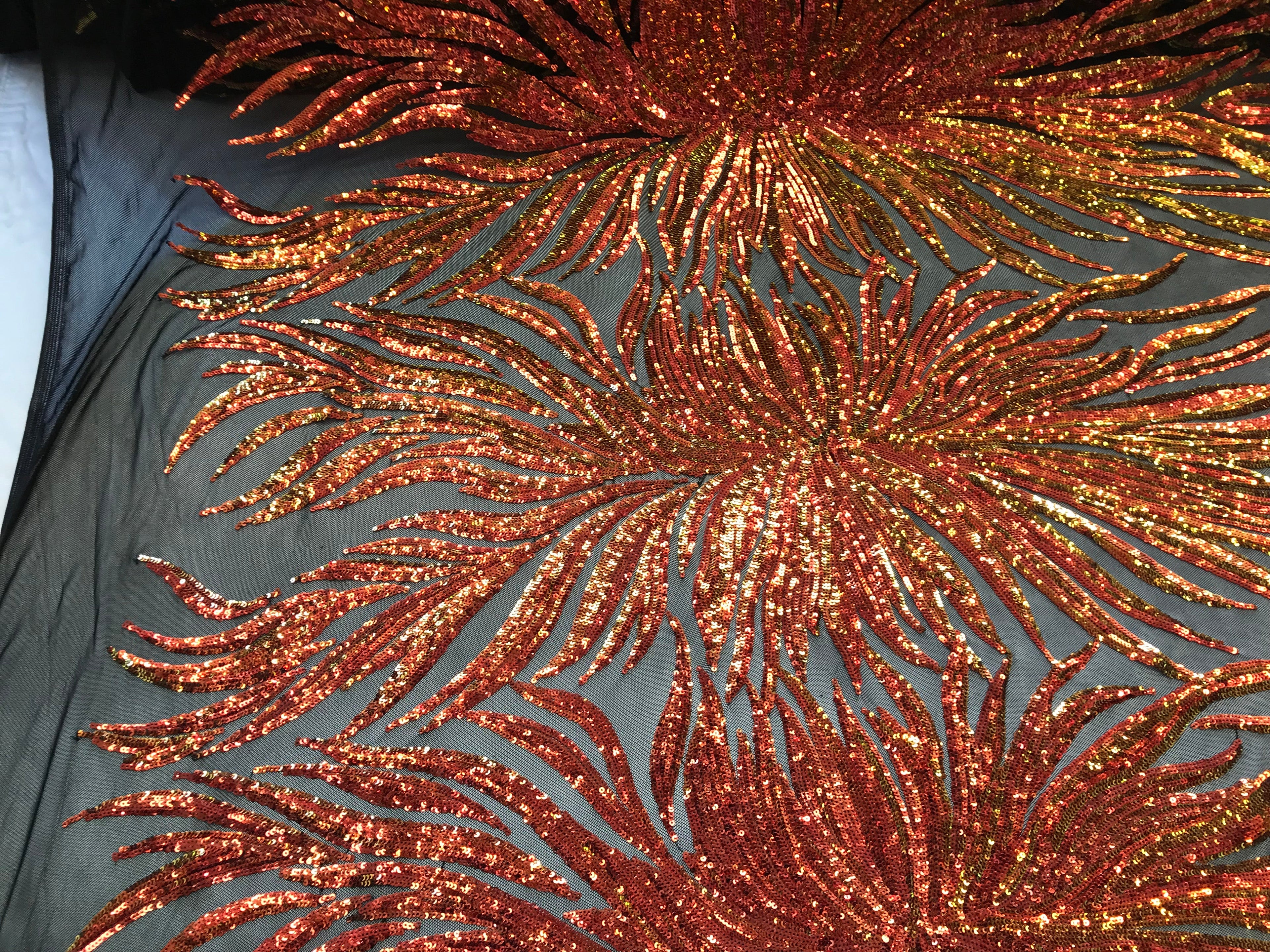 Phoenix Feather Sequins - Iridescent Orange - 4 Way Stretch Phoenix Pattern Fashion Design Fabric
