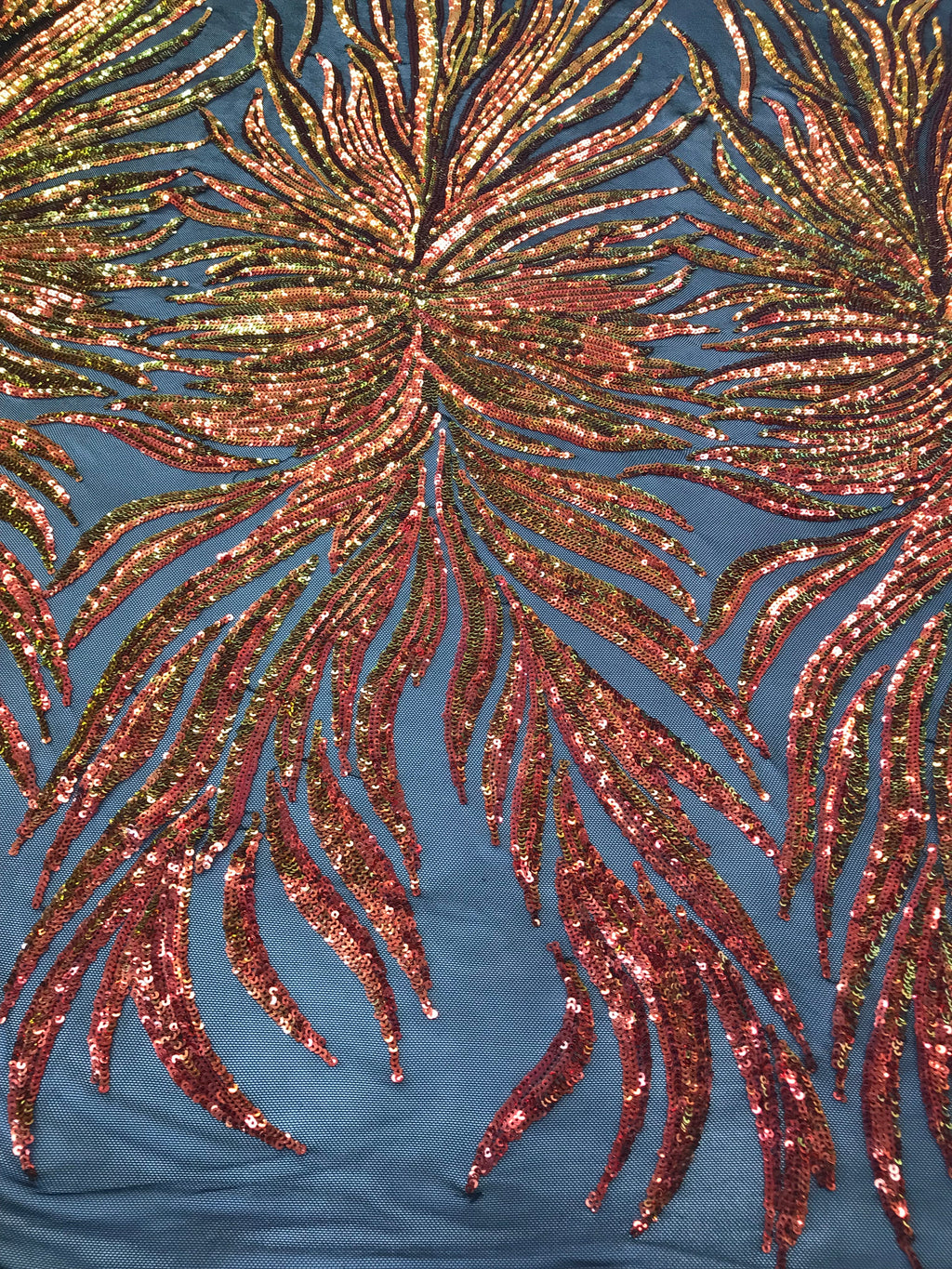 Phoenix Feather Sequins - Iridescent Orange - 4 Way Stretch Phoenix Pattern Fashion Design Fabric
